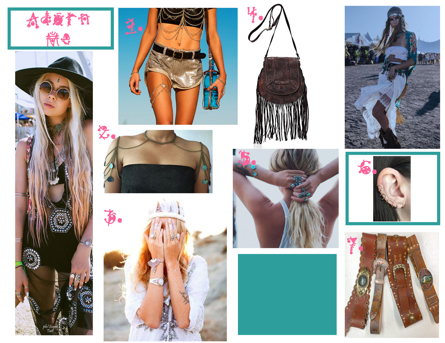 Stevie Leg Chain - Grace Bijoux, 2. Patina Shoulder Chain - Lena Bernard, 3. ThunderBird Cuff - TorchLight, 4. Canteen Bag- Campomaggi, 5. Rings - Mermaid By Hand, 6. Cage Ear Cuff - Lady Grey, 7. Leatherock Belts