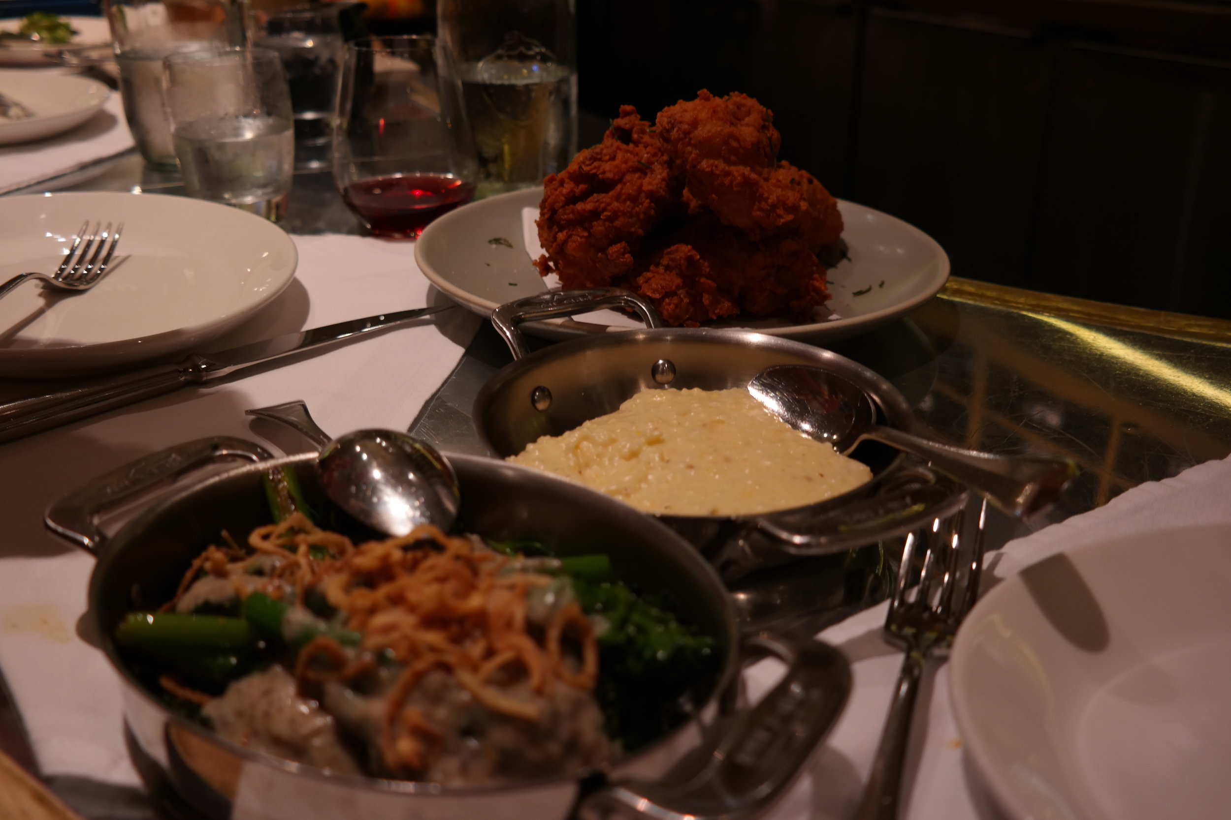 Buttermilk fried Chicken with cheddar grits and green bean casserole 
