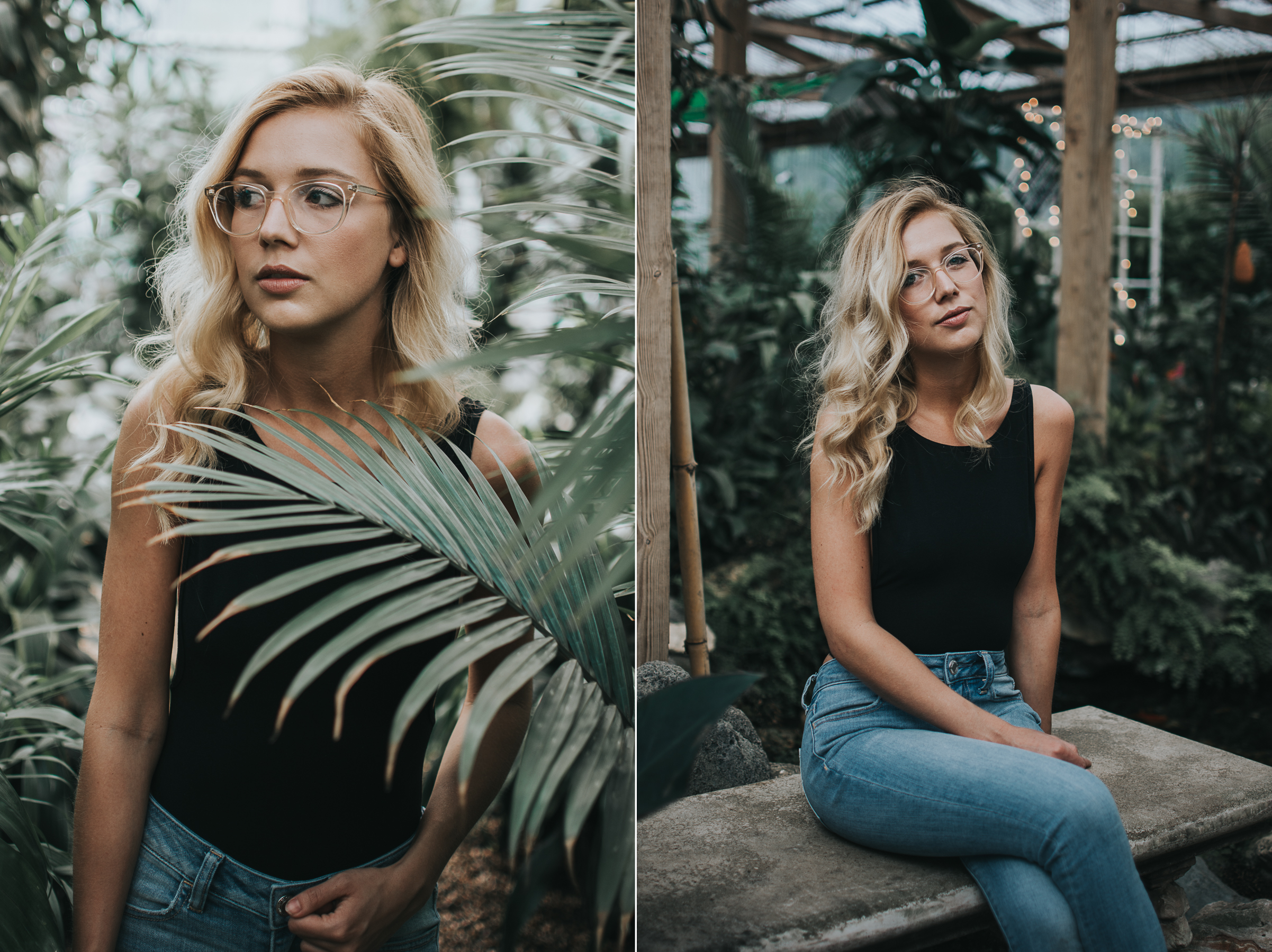 Two portraits of Amanda in a greenhouse