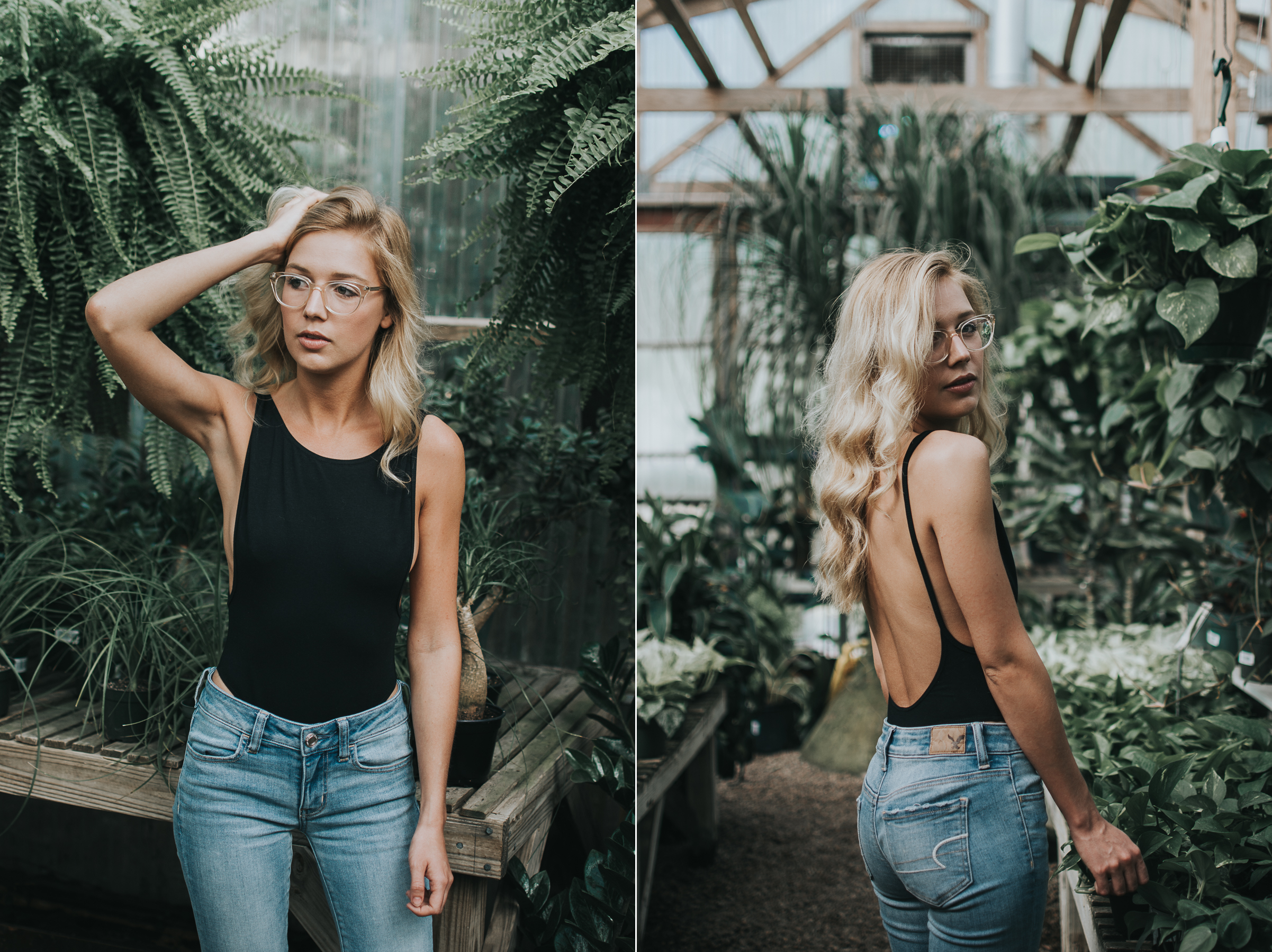 Two portraits of Amanda in a greenhouse