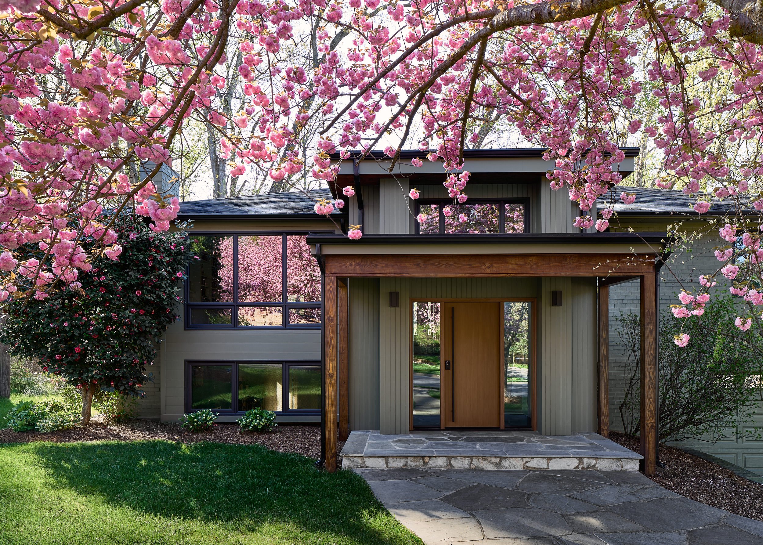 Modern home exterior framed by blooming cherry blossoms, architectural photography in Northern Virginia
