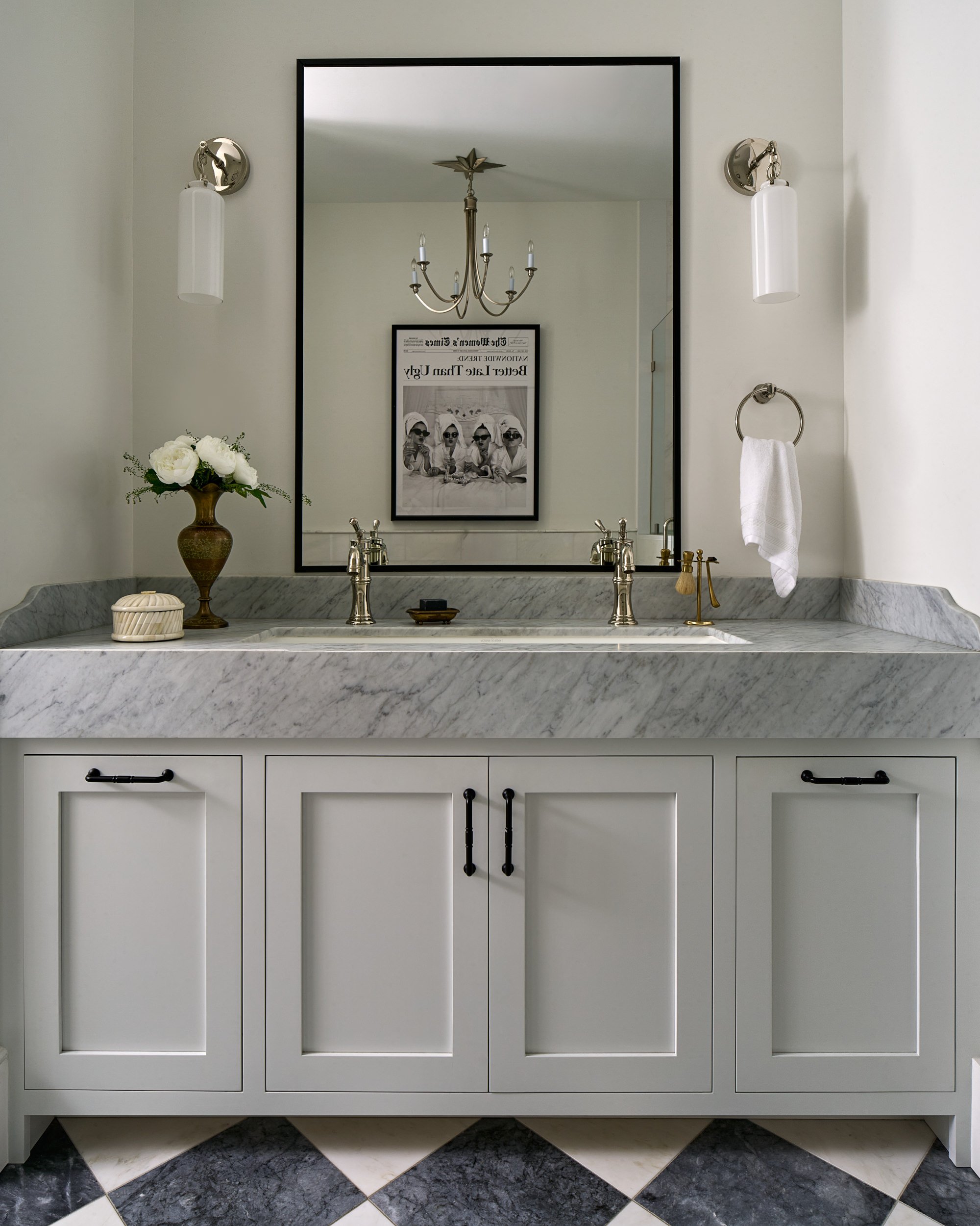 Bathroom double vanity with marble countertop and checkerboard floor, interior design photography in Northern Virginia