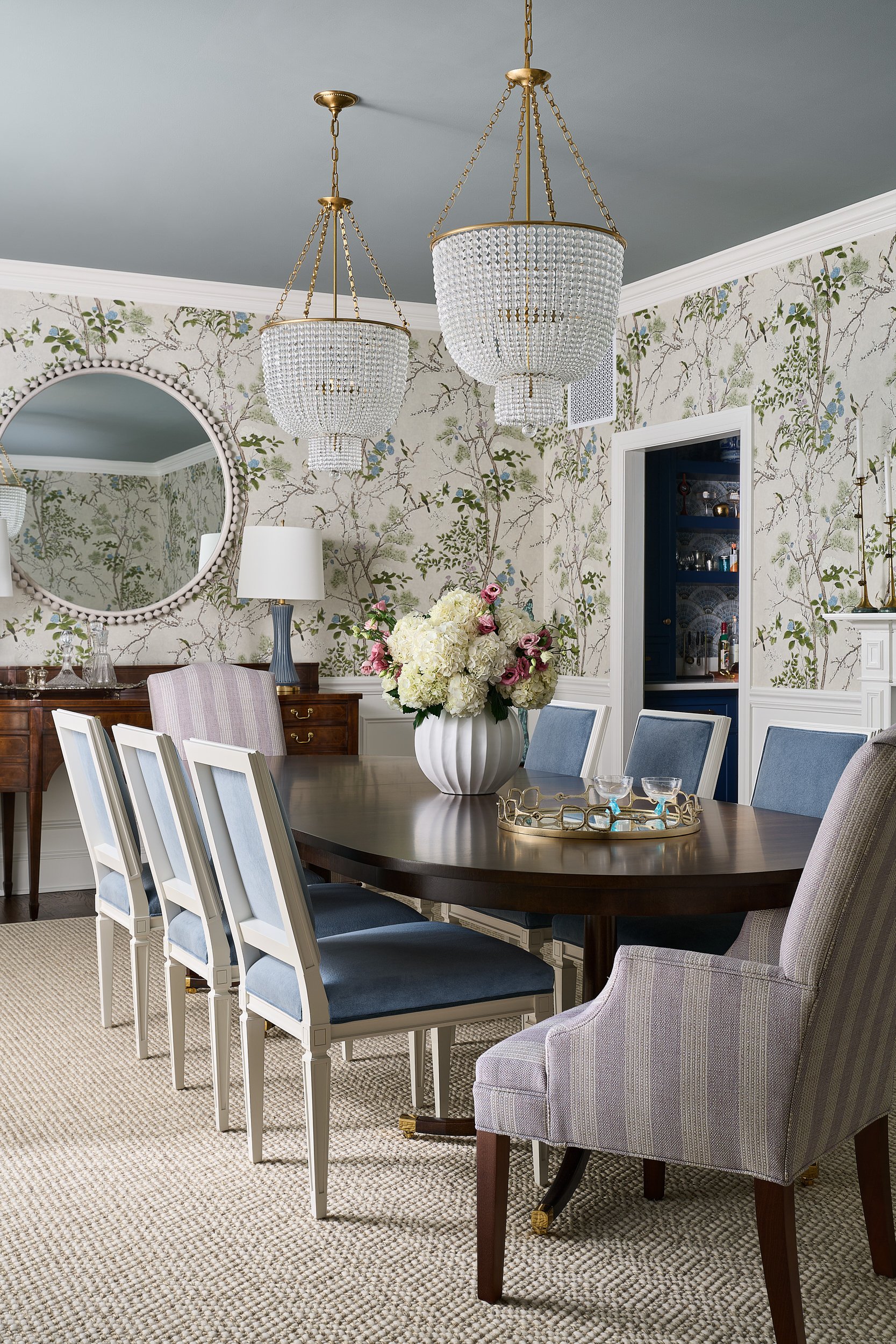 Formal dining room with chinoiserie wallpaper, interior design photography in Maryland