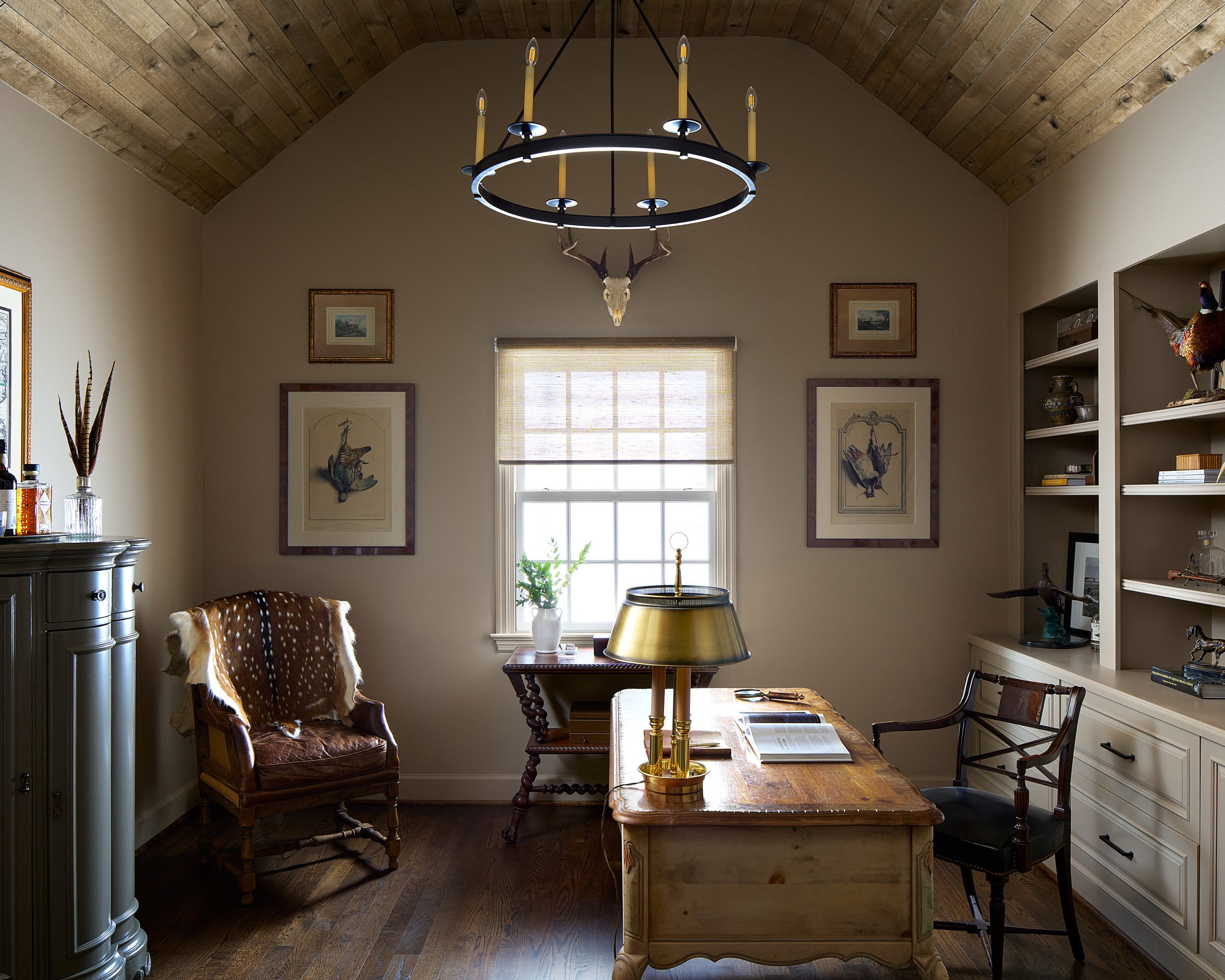 Home office with a vaulted ceiling and rustic exposed beams, interior design photography in the DMV area