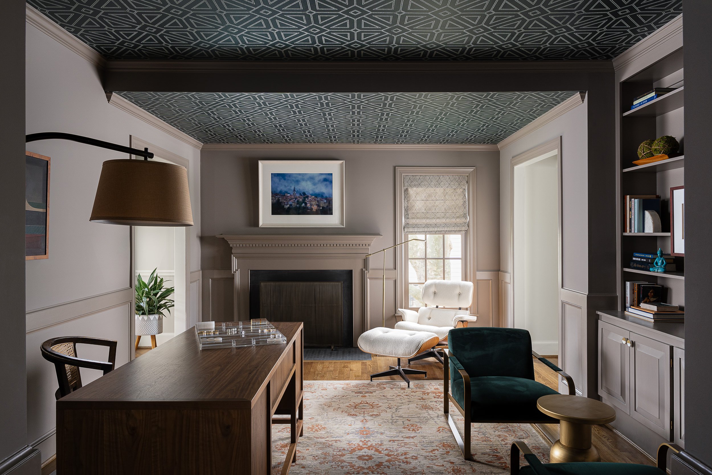 Home office and study with a patterned ceiling and fireplace, interior design photography in Maryland