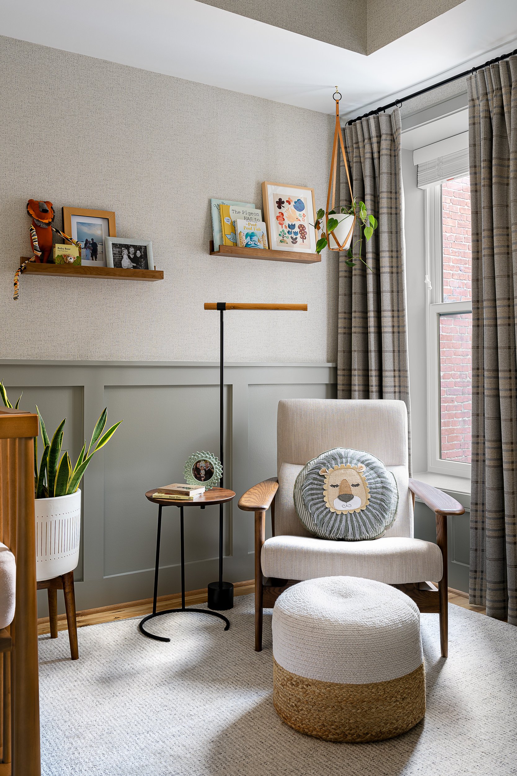 Nursery reading nook with plaid curtains, interior design photography in Washington, DC