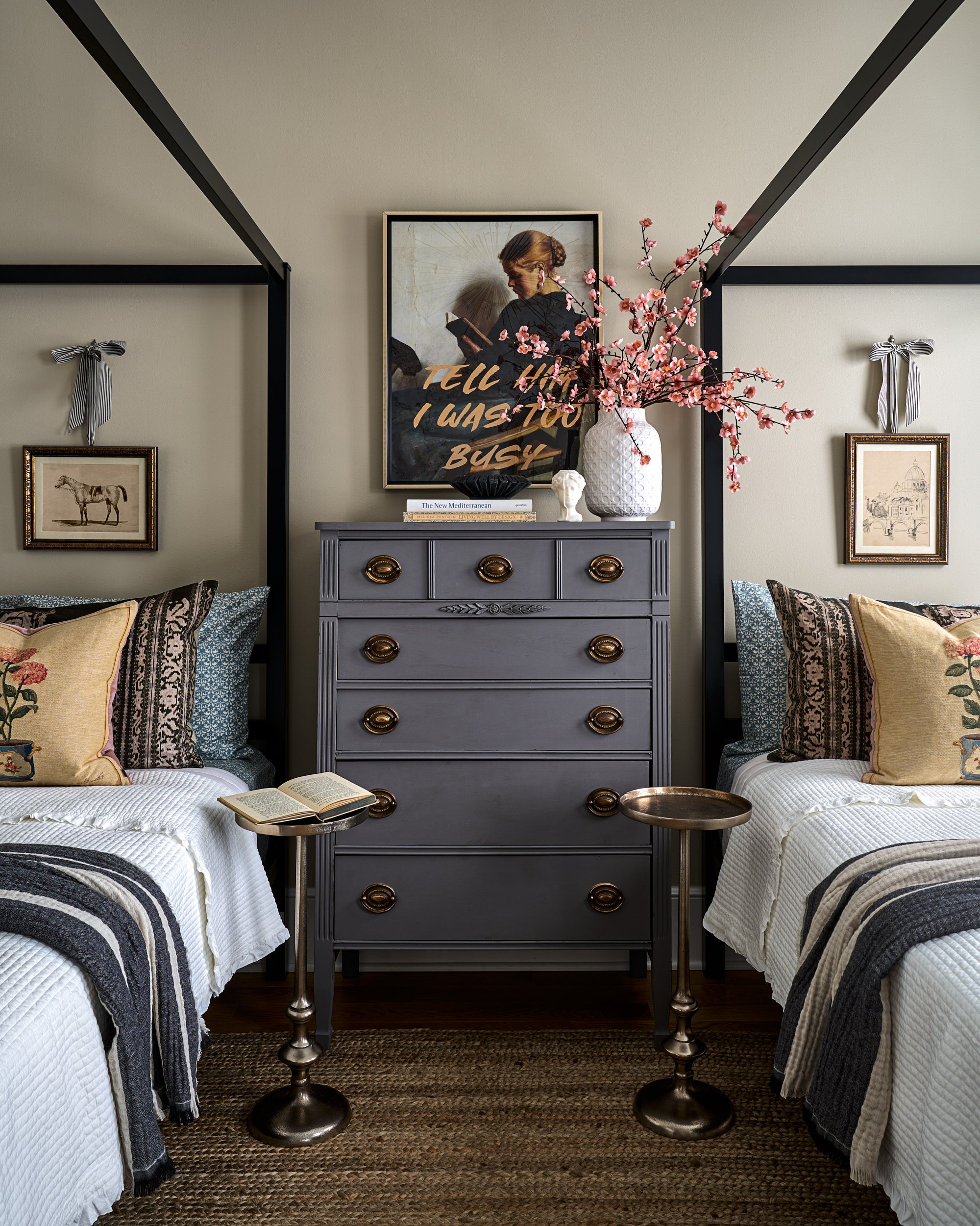 Bedroom with twin canopy beds and a gray dresser, interior design photography in Maryland