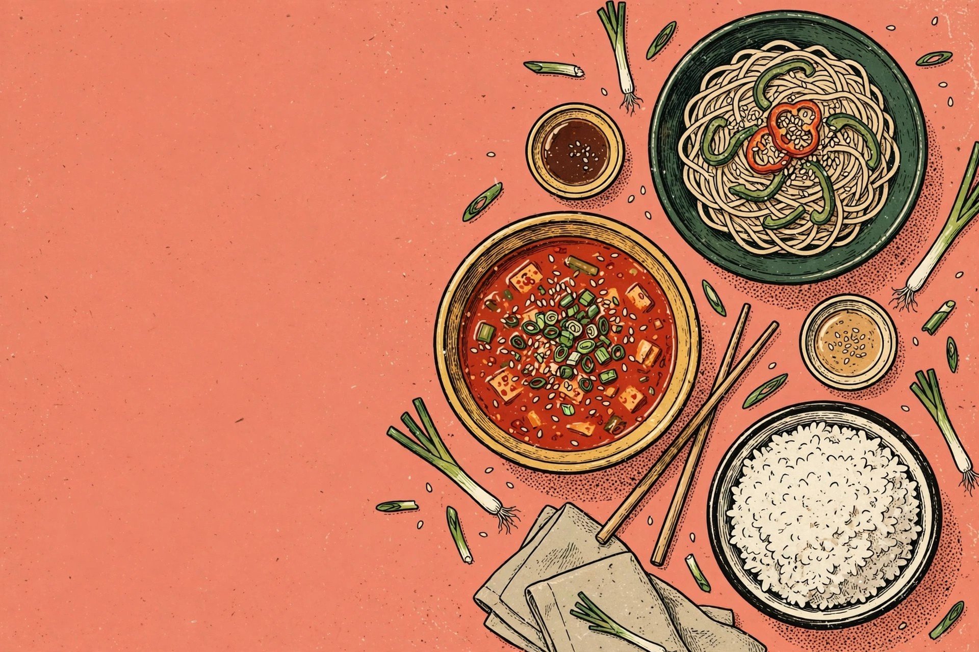 Illustrated Korean-style bowls, noodles and sides