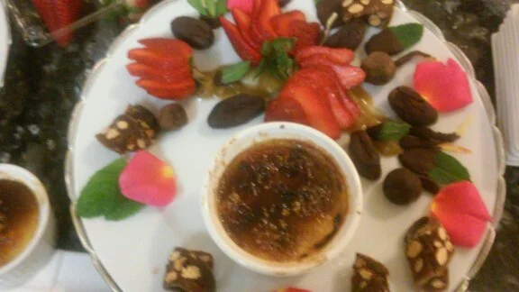 KUMQUAT CREME BRULEE - ALMOND PANFORTE - DARK CHOCOLATE TRUFFLES - FRESH BERRIES WITH PETIT TETON'S RHUBARB JAM...
