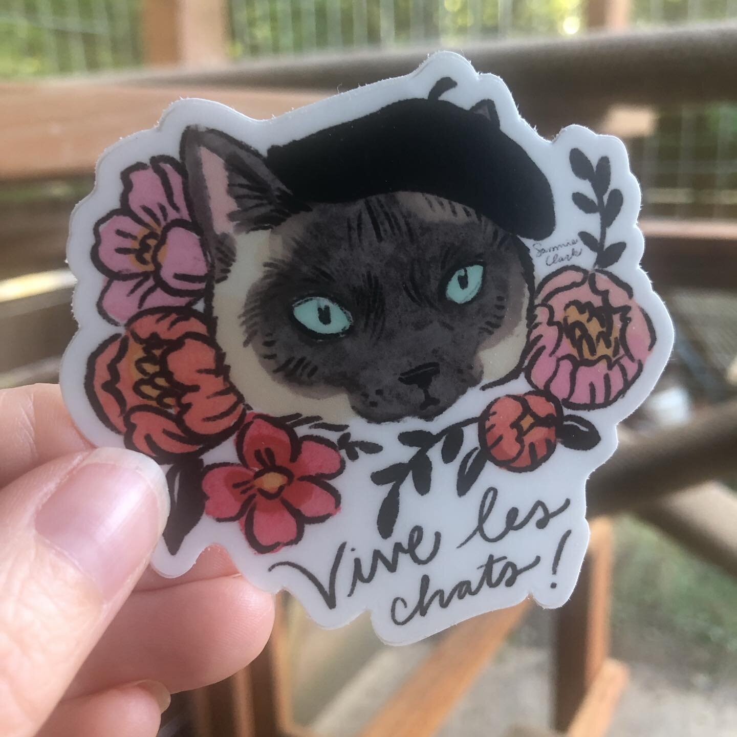 Fantastic sticker by @sammieclarkart and views from the catio that my husband just built. #catstickers #catio #ilovemycats #viveleschats