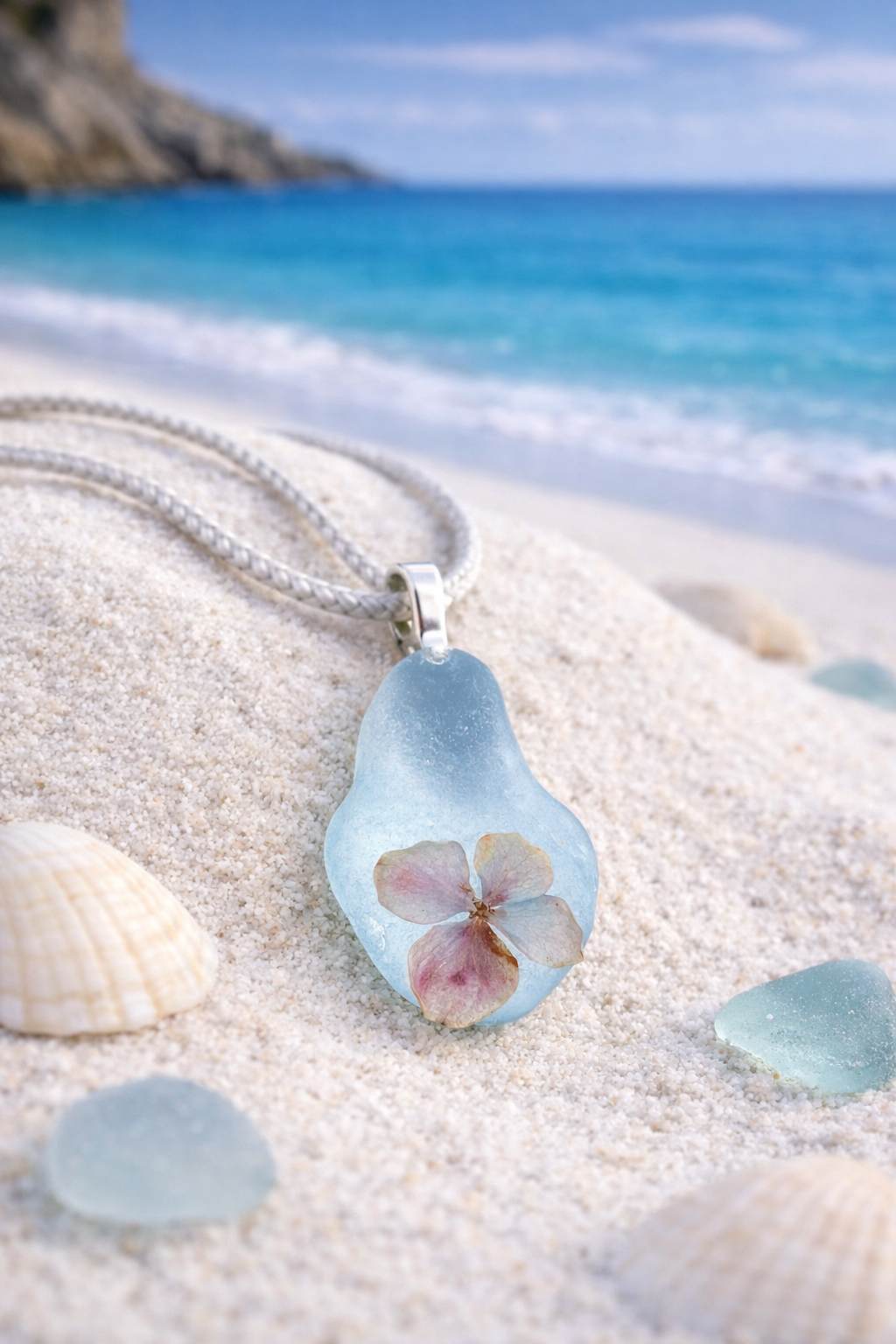 Sea Glass & Hydrangea Pendant