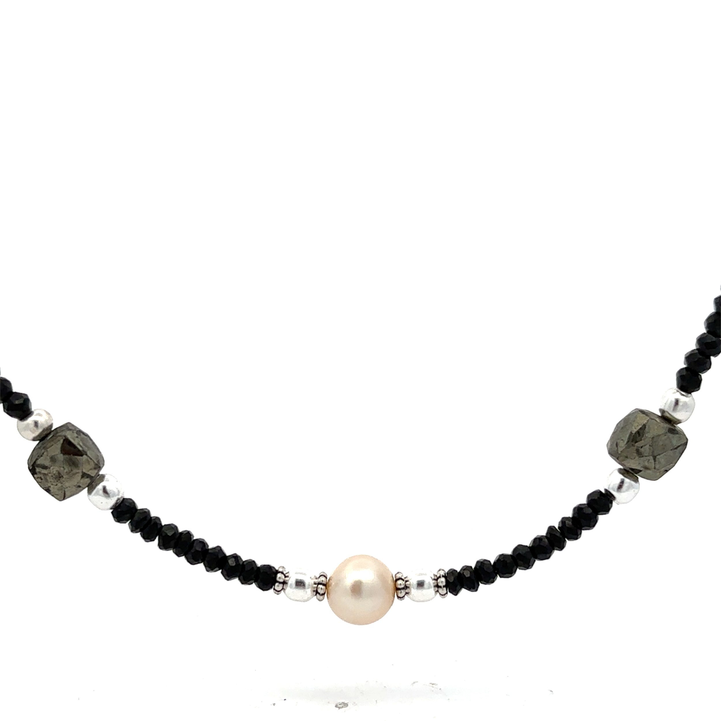 Black Spinel, Japanese Akoya pearl, hematite, Silver bead necklace