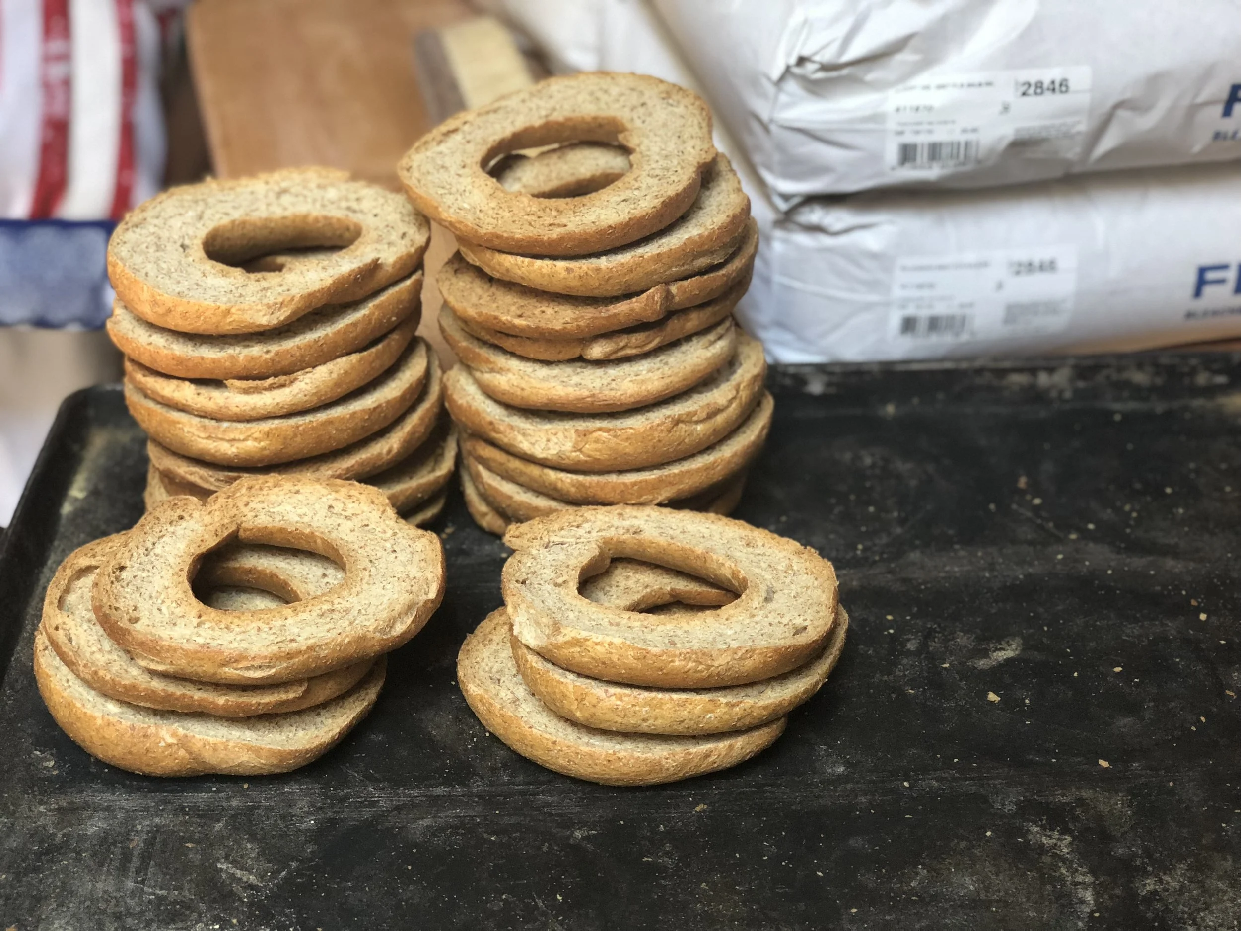 Freselle , twice baked biscuts fresh from the oven at Addeo Bakers in Little Italy in the Bronx.
