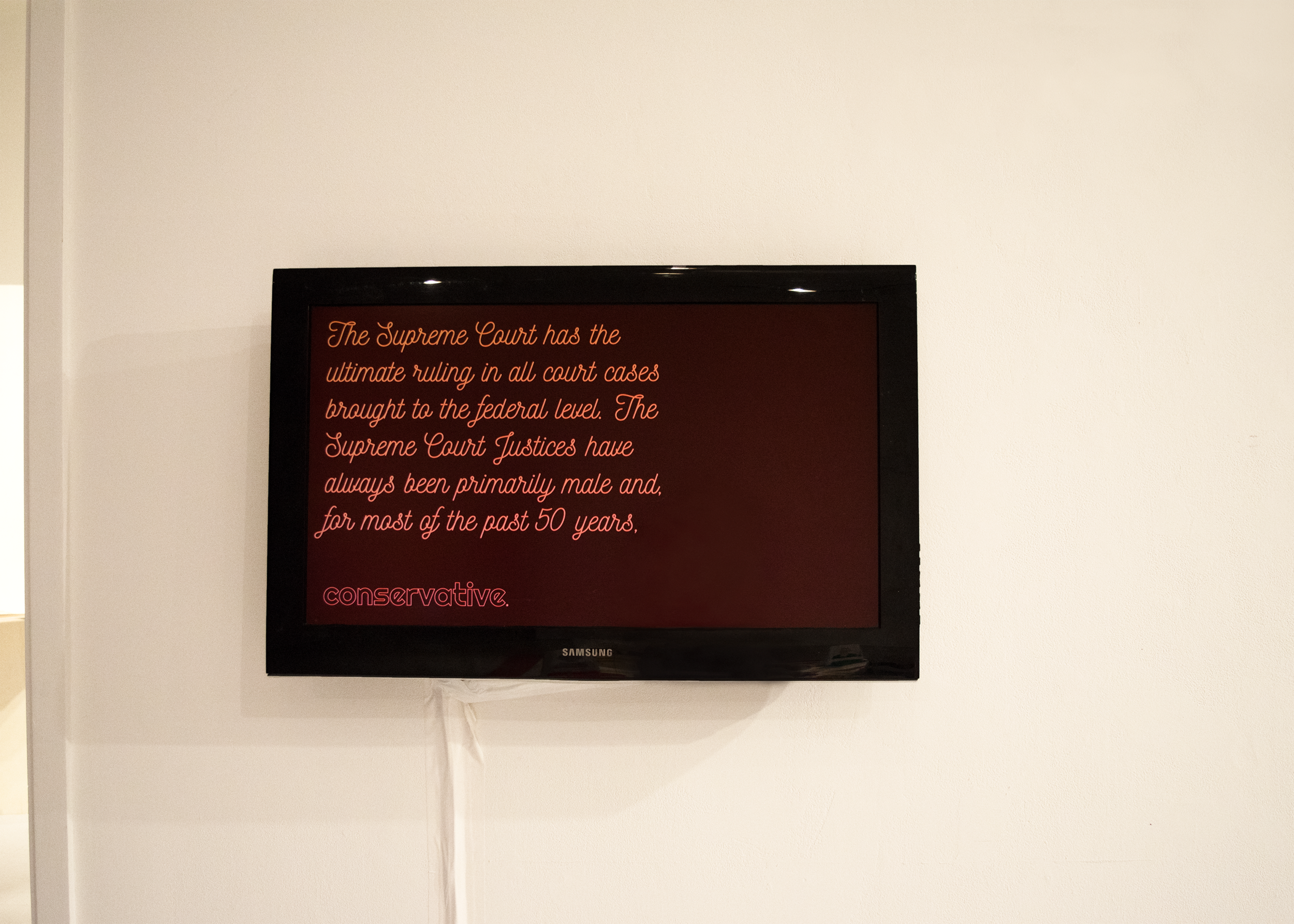  The video displayed in the installation is meant to be a supplementary source of information that doesn’t necessarily go explain the Bill of Rights, but instead explains the context and the judicial system and how these laws came to be established. 