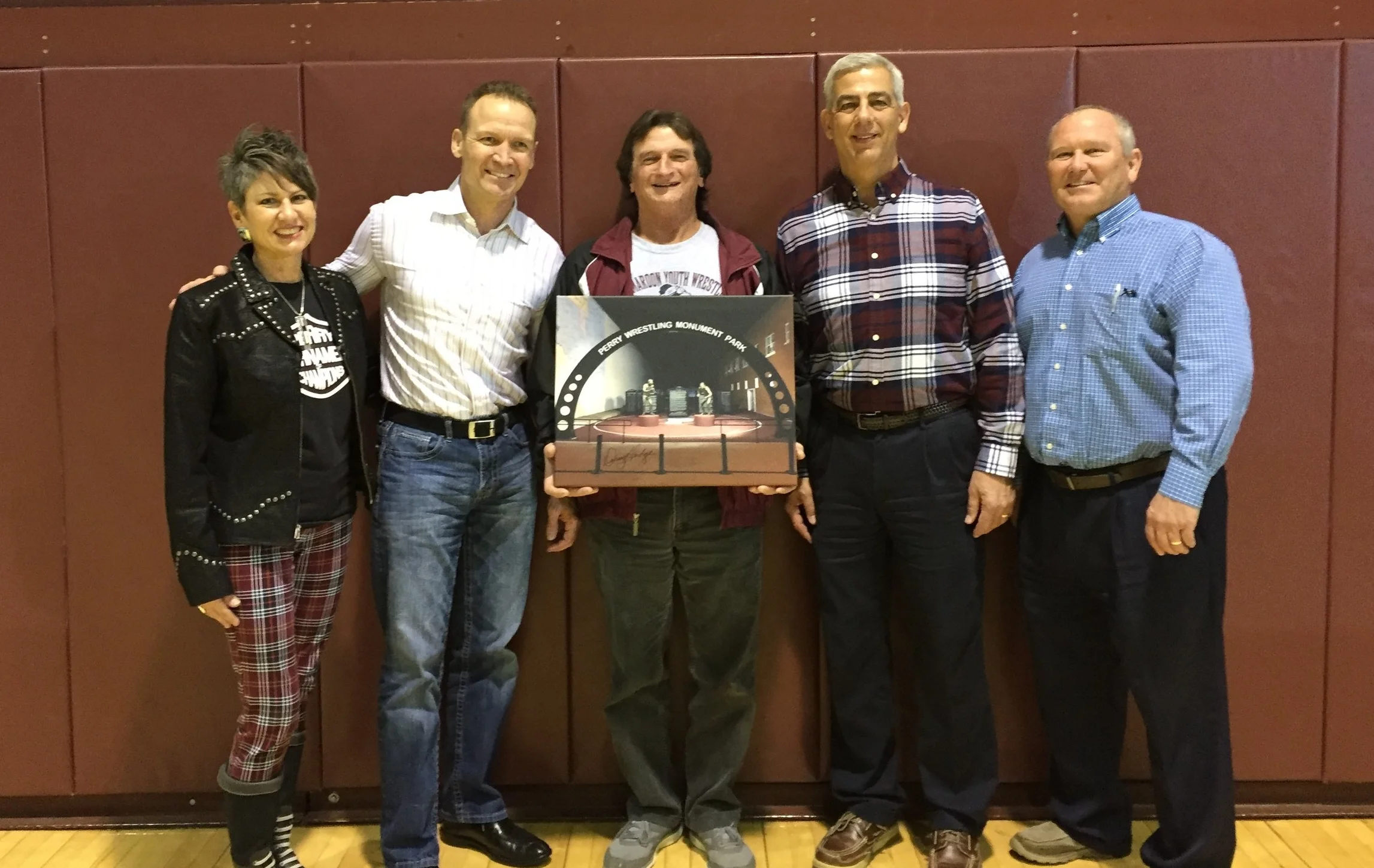 Perry Wrestling Foundation Members with Don Huff L-R: Leslie Fleming, Chance Leonard, Don Huff, Roger Tetik, Mark Kirk