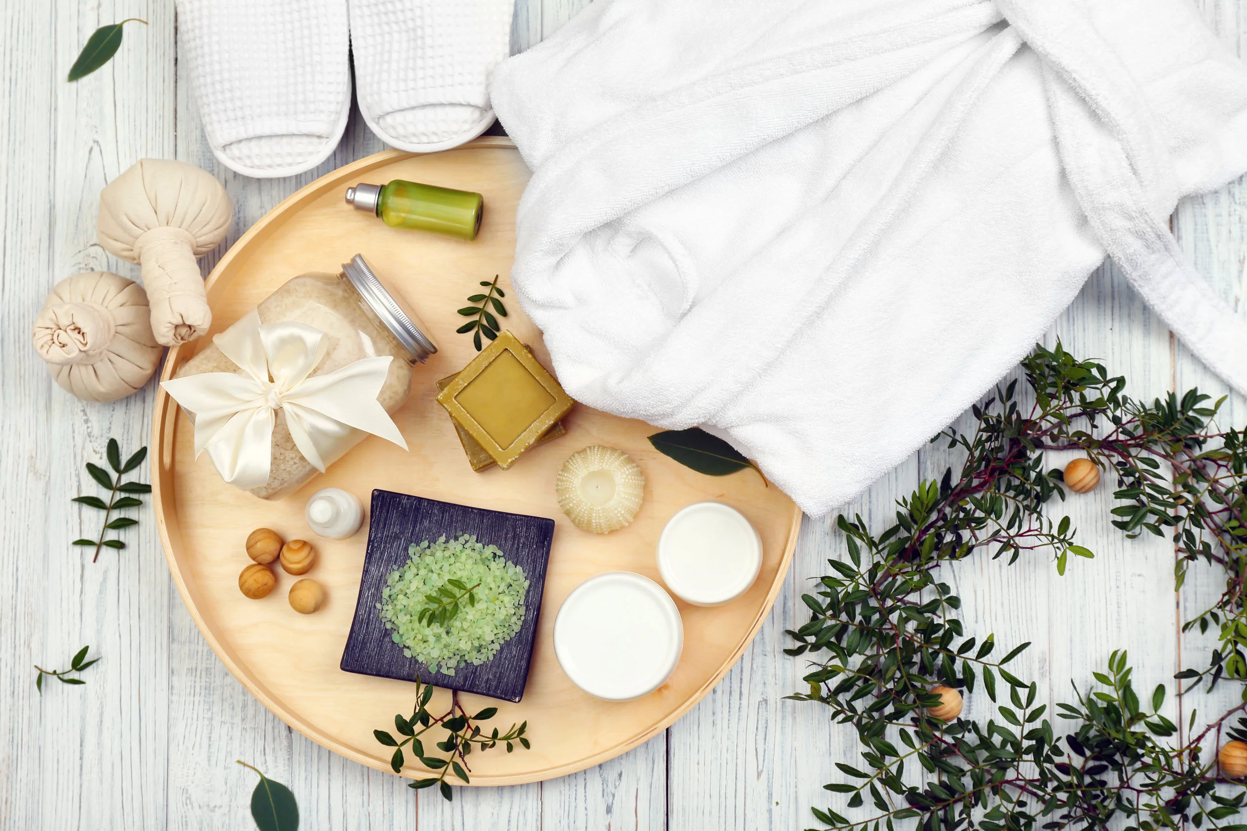 Beautiful spa composition with bathrobe and accessories