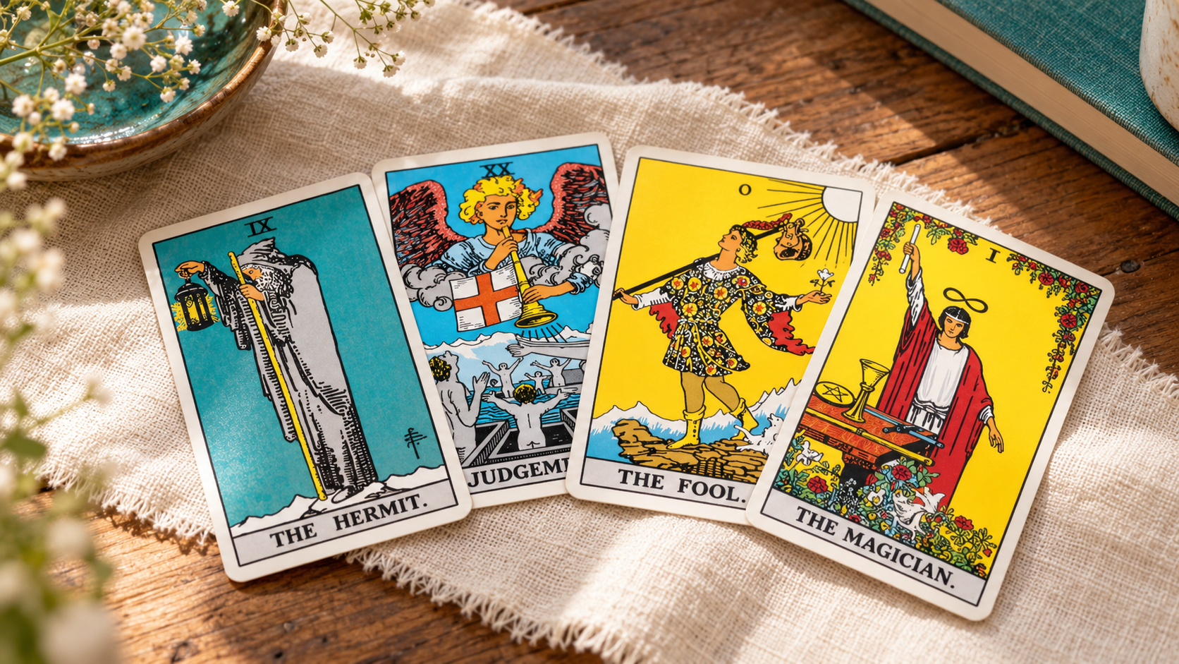 Vier Tarotkarten im warmen Morgenlicht.png