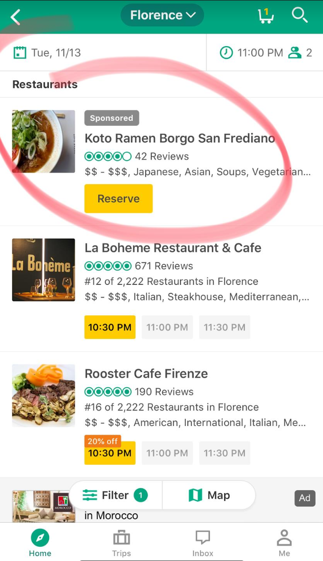 Sponsored ad for restaurant.