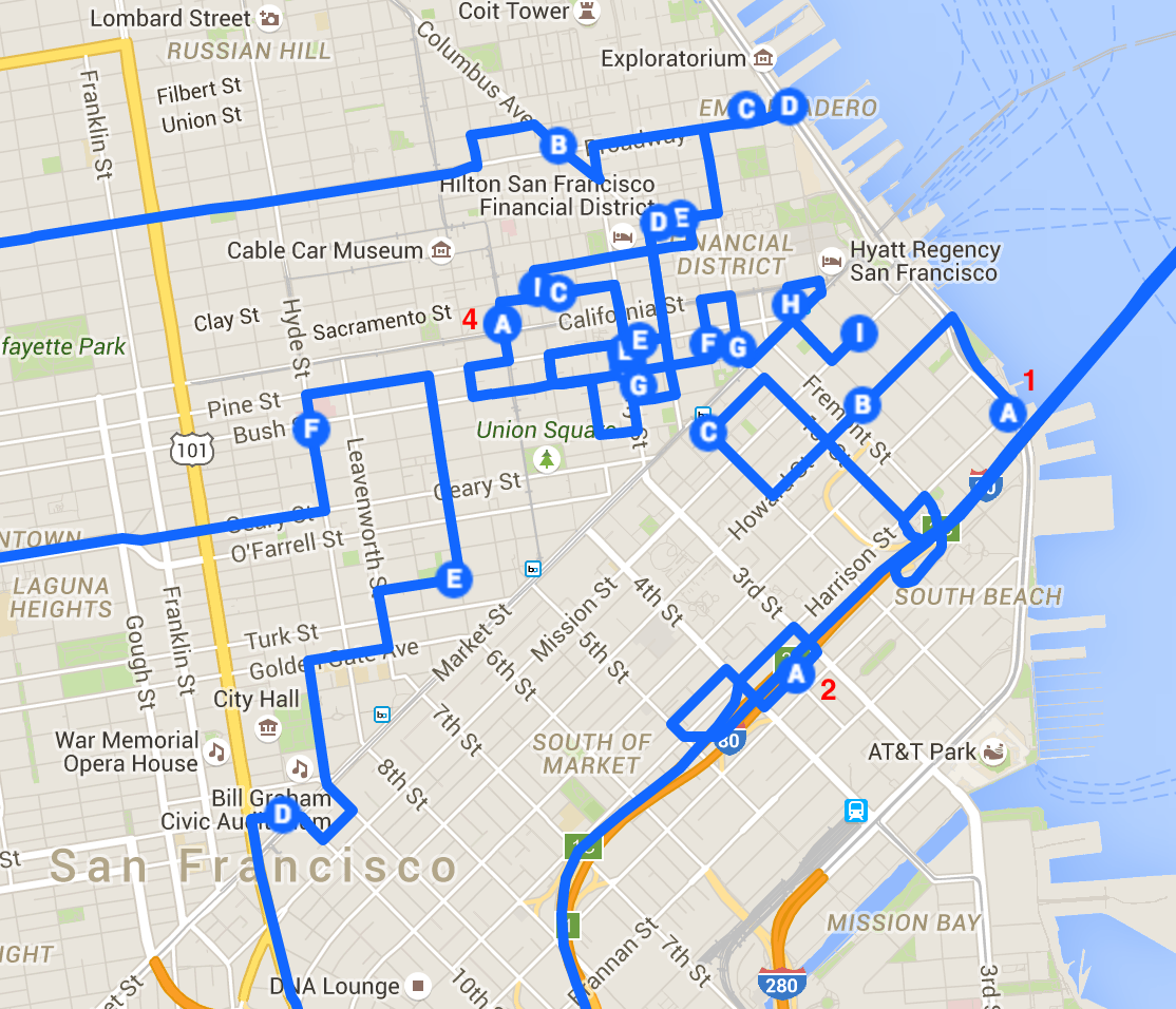 Visualization of the optimal route between famous film locations in SF.