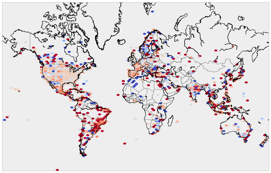 Hexbin map of Twitter sentiments: using  coolwarm  reverse pallet (dark red = -1, dark blue = 1)