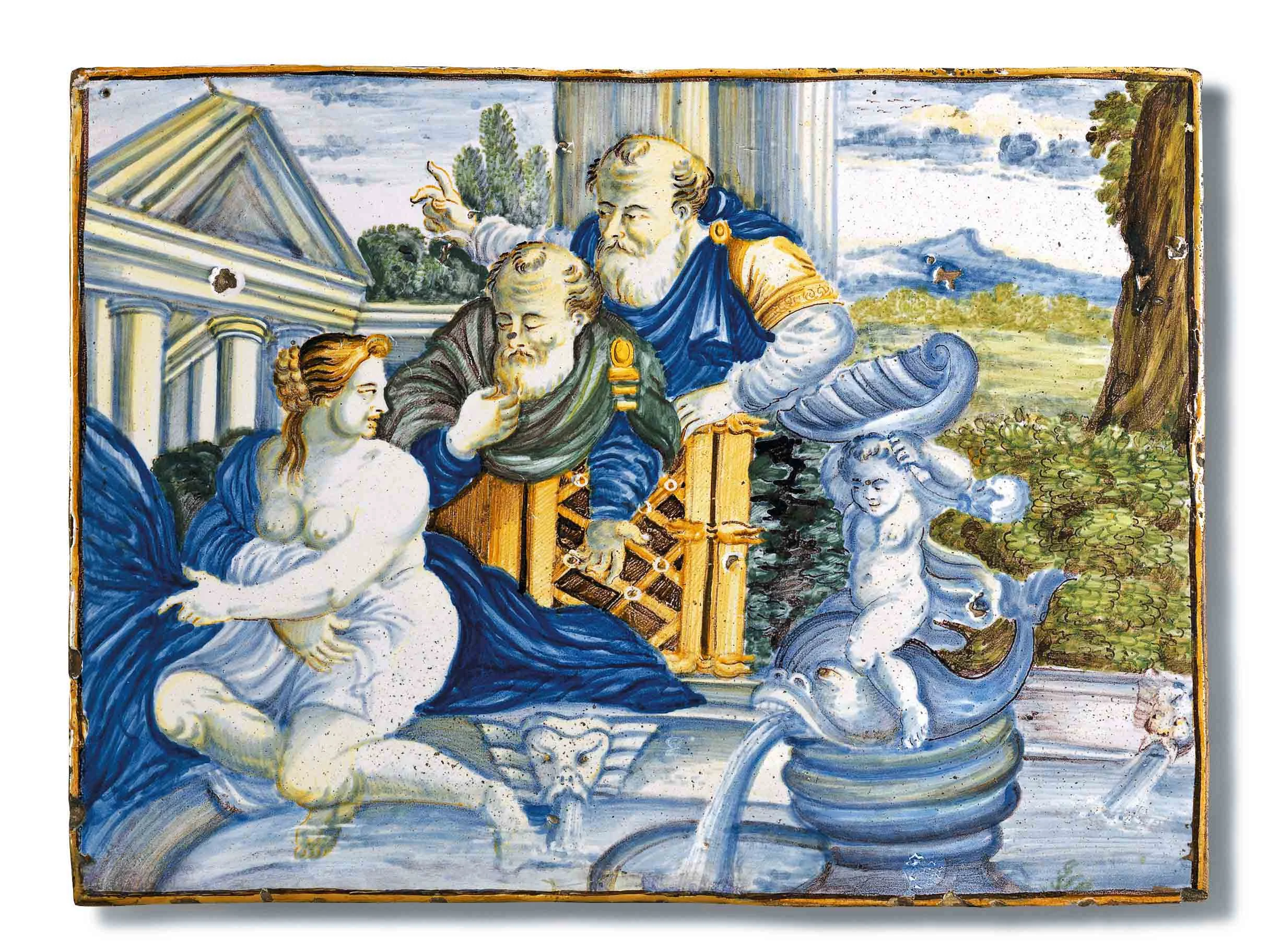 SUSANNA & THE ELDERS Attributed to the workshop of the Grue Family, active in Castelli in the late 17th-18th centuries First quarter of the 18th century Tin-glazed earthenware 21 x 28.2 cm