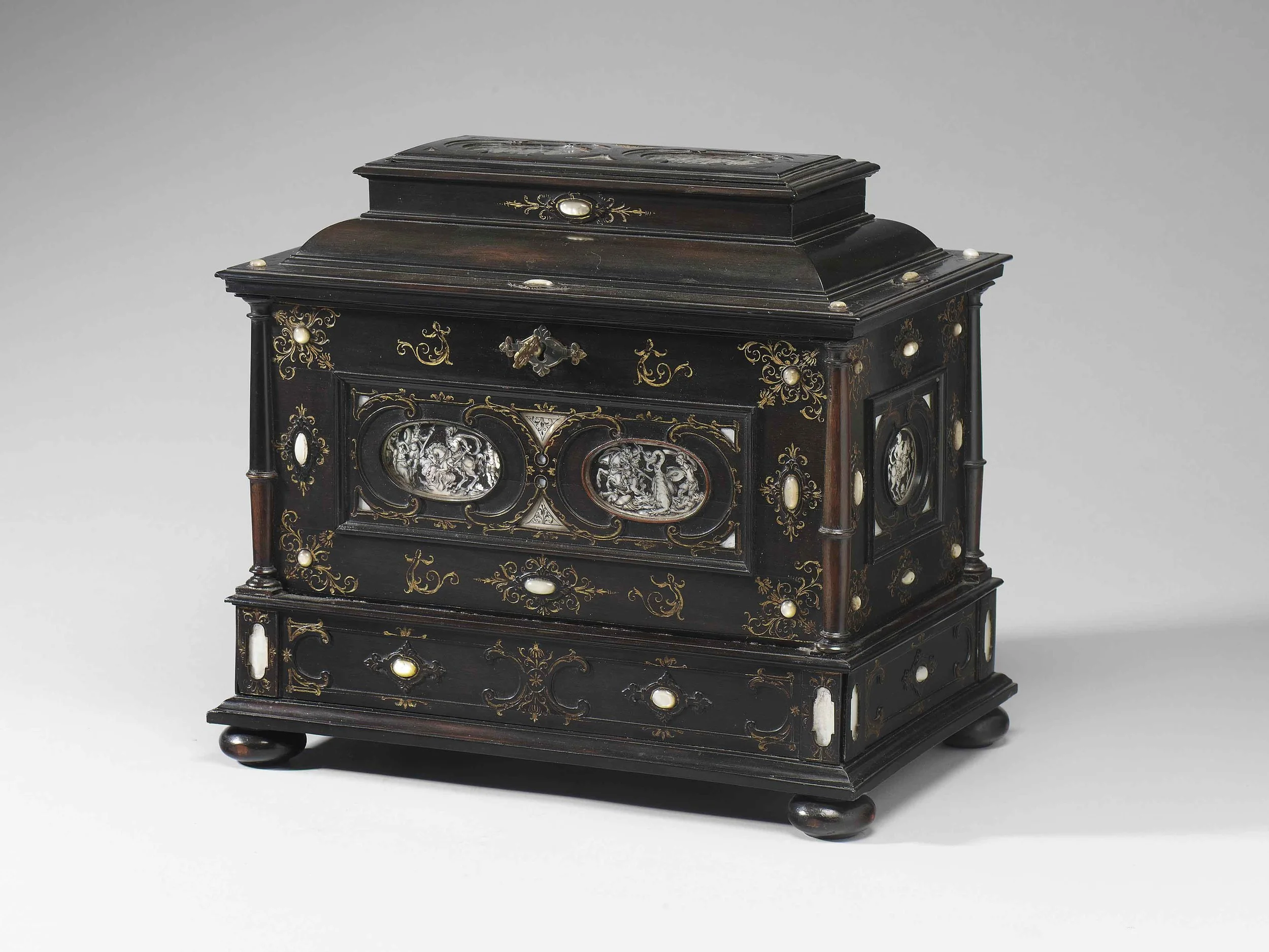   JEWELRY CASKET   South German or Northern Italy   circa 1600   Ebony inlaid with mother-of-pearl, gilt, oak  11.34 x 12.8 x 8.2 inches (28.8 x 32.5 x 20.8 cm) 