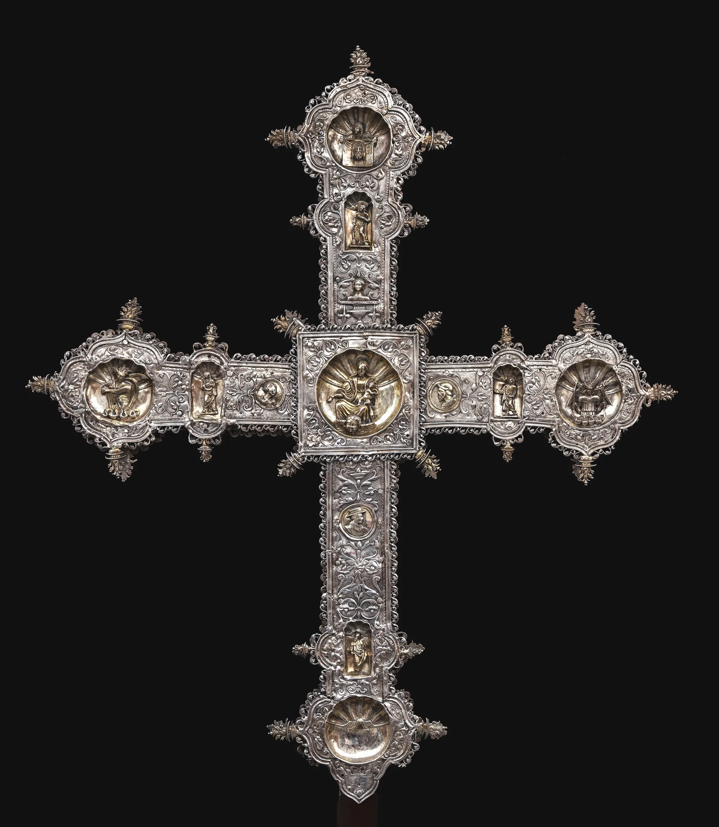 PROCESSIONAL CROSS Spain Last quarter of the 16th century Silver, parcel-gilt Height: 33.74 inches (85.7 cm)