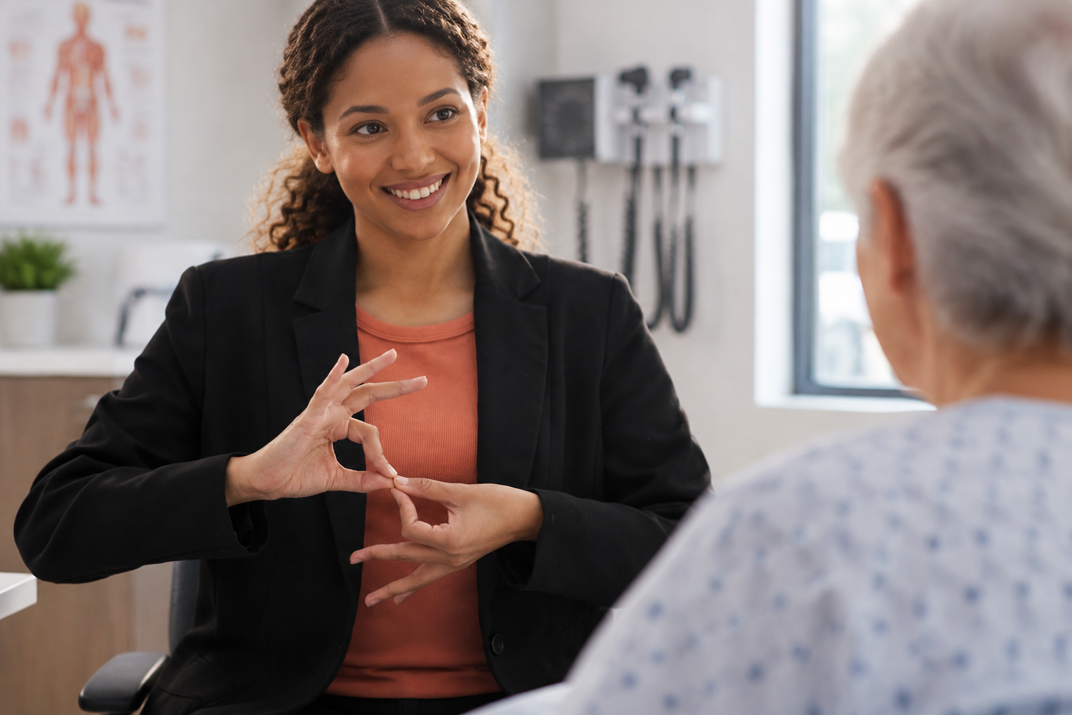 Smiling woman using sign language to talk with older woman in doctor's office