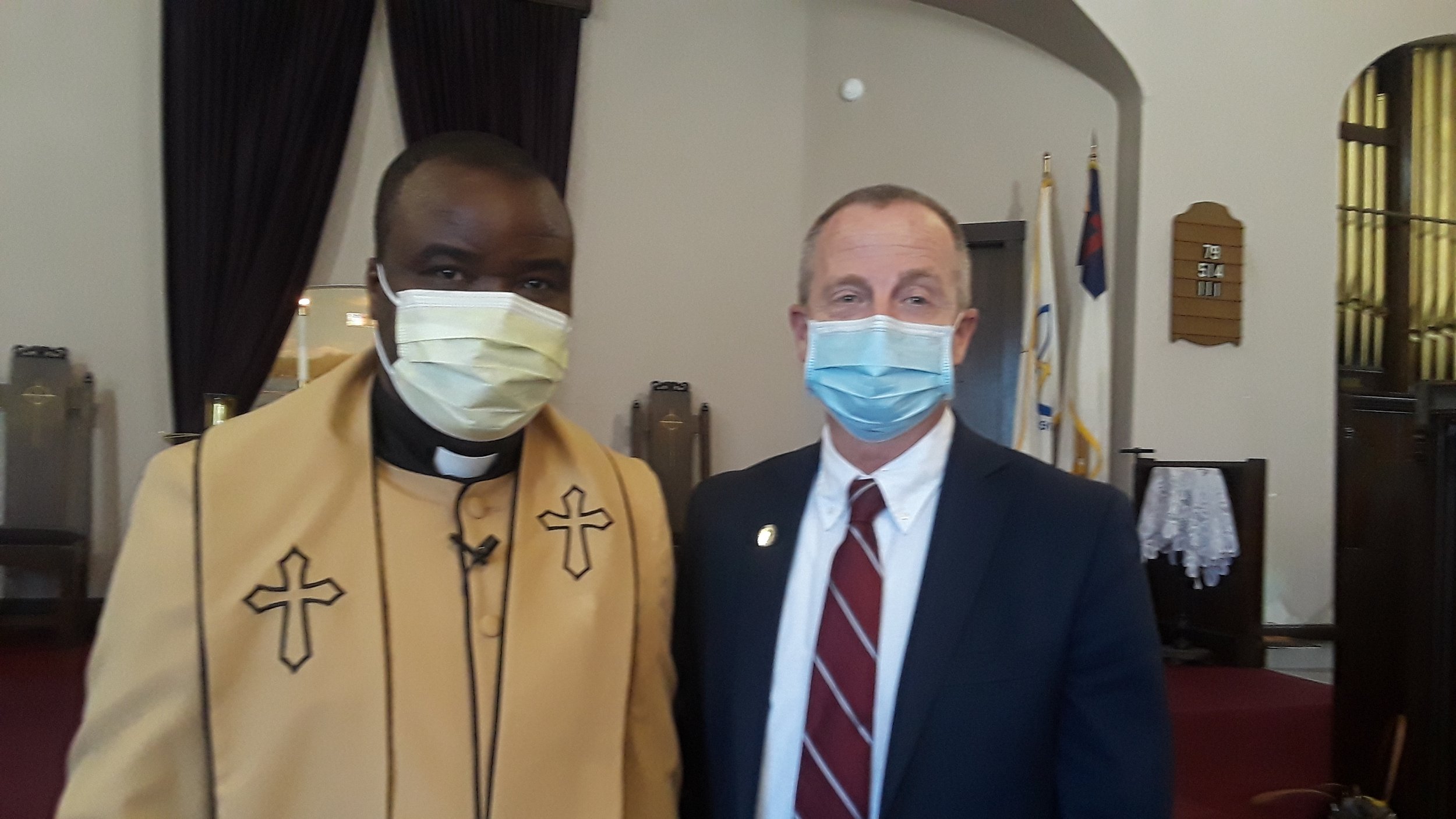 Interim Pastor Jean-Fritz Guerrier with Mayor Peter Nystrom of Norwich during a special Rally Day service on September 19, 2021 