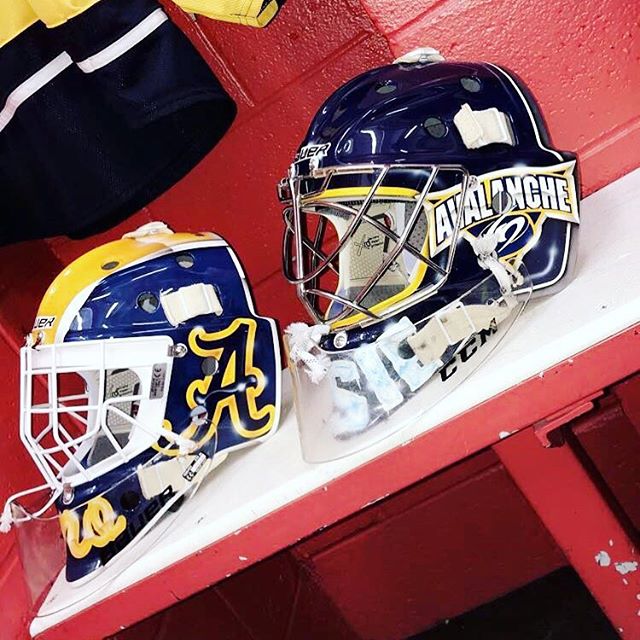 The Avs goalers 
@_kevinrose_ and @mackalvino all geared up for the season....go get em boys

#goaliemask #custom #nhl #airbrush #art #instagood #live #love #maskart #bauer #ccm #vaughn #hockey #icehockey #goaltender #goals #goal #pads #gear #nj #roy