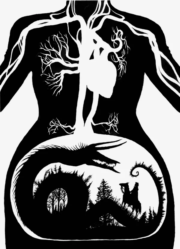 SILHOUETTE ILLUSTRATION OF THE SCANDINAVIAN FAIRY TALE "THE LINDWORM PRINCE"
