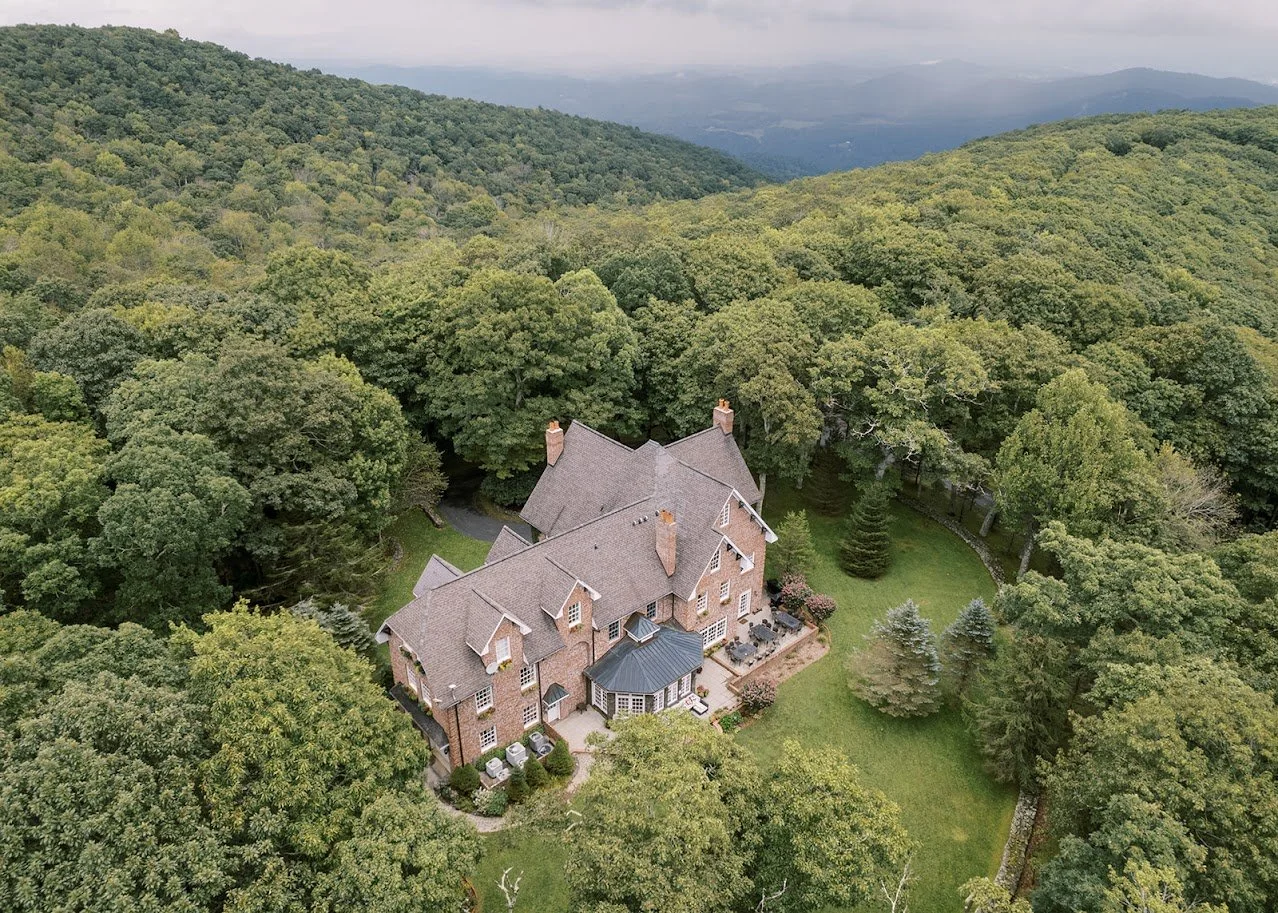 Aerial view of Twickenham House brick estate surrounded by dense green forest