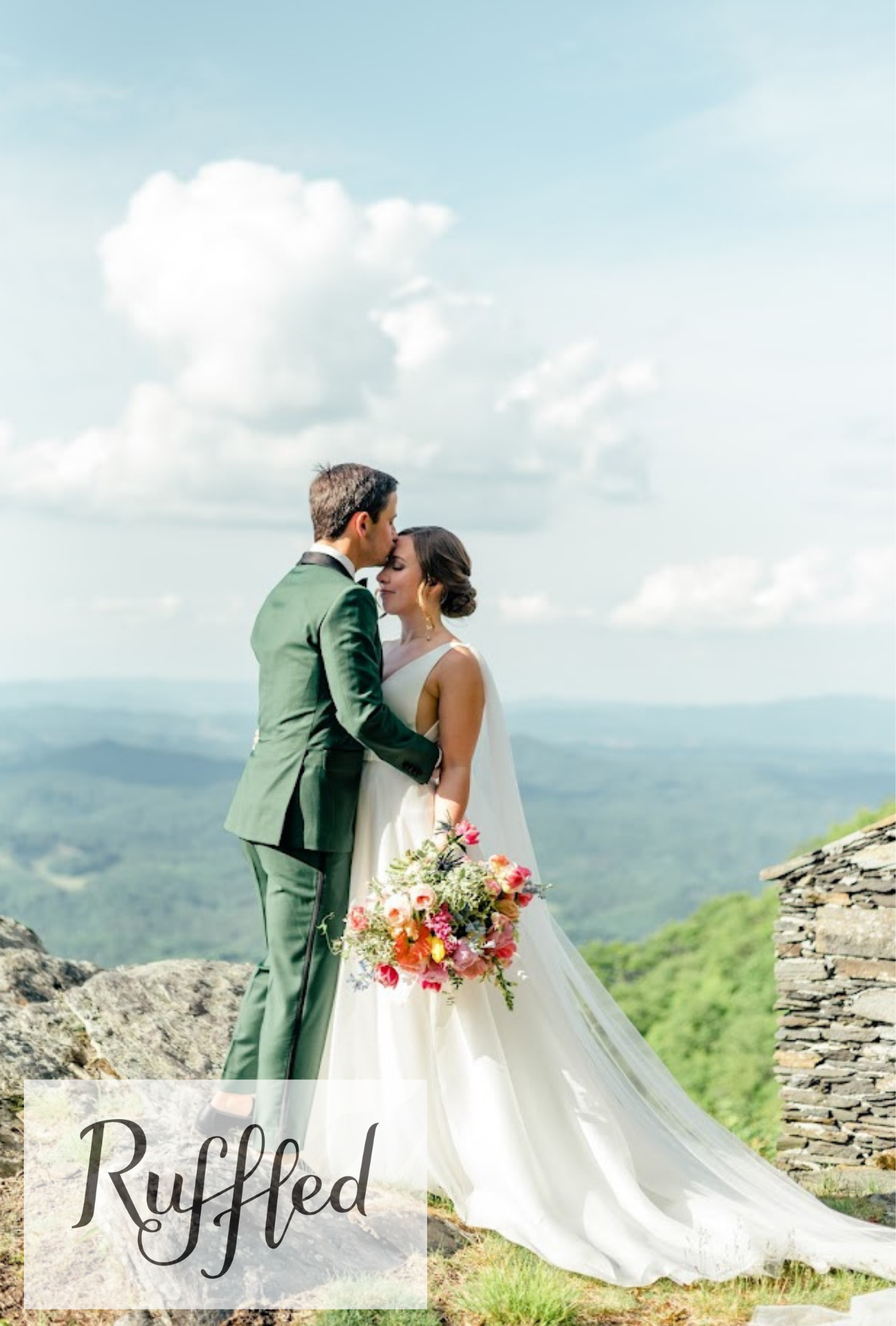 Courtney and Trey wedding video cover showing the couple kissing on a bright mountain overlook with colorful bouquet details.