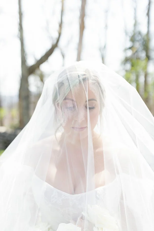 Soft bridal portrait with the bride’s face partially covered by a sheer veil