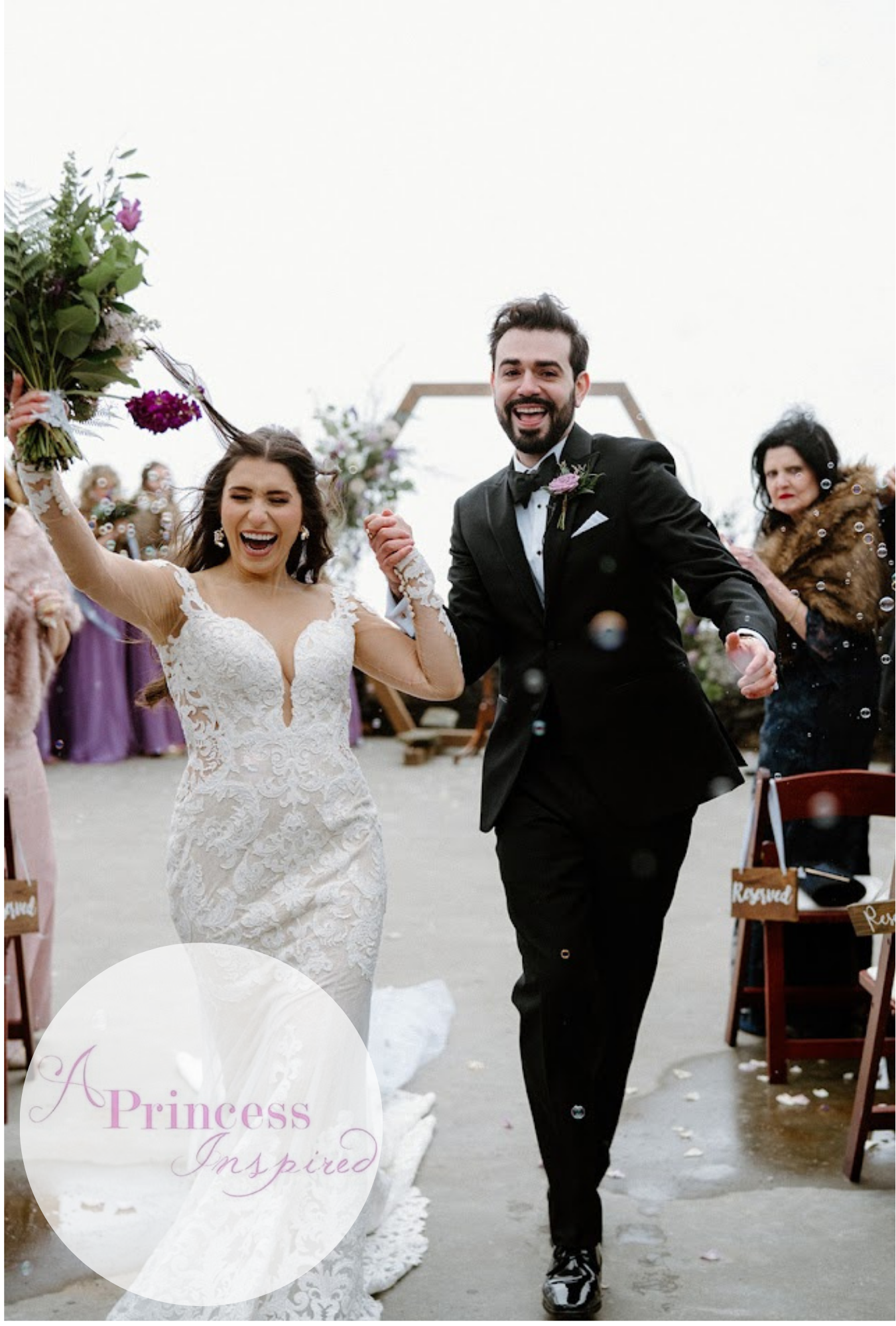 Nicolette and Alec wedding video cover showing the couple celebrating their ceremony exit with guests and bubbles.