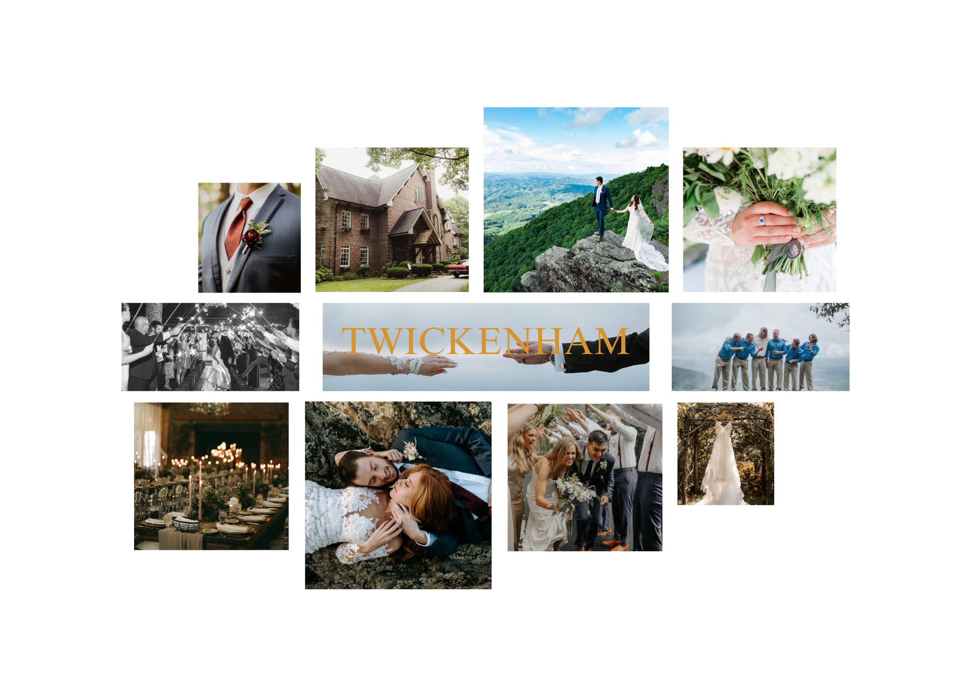 Twickenham wedding photo collage banner featuring venue details, portraits, and reception moments