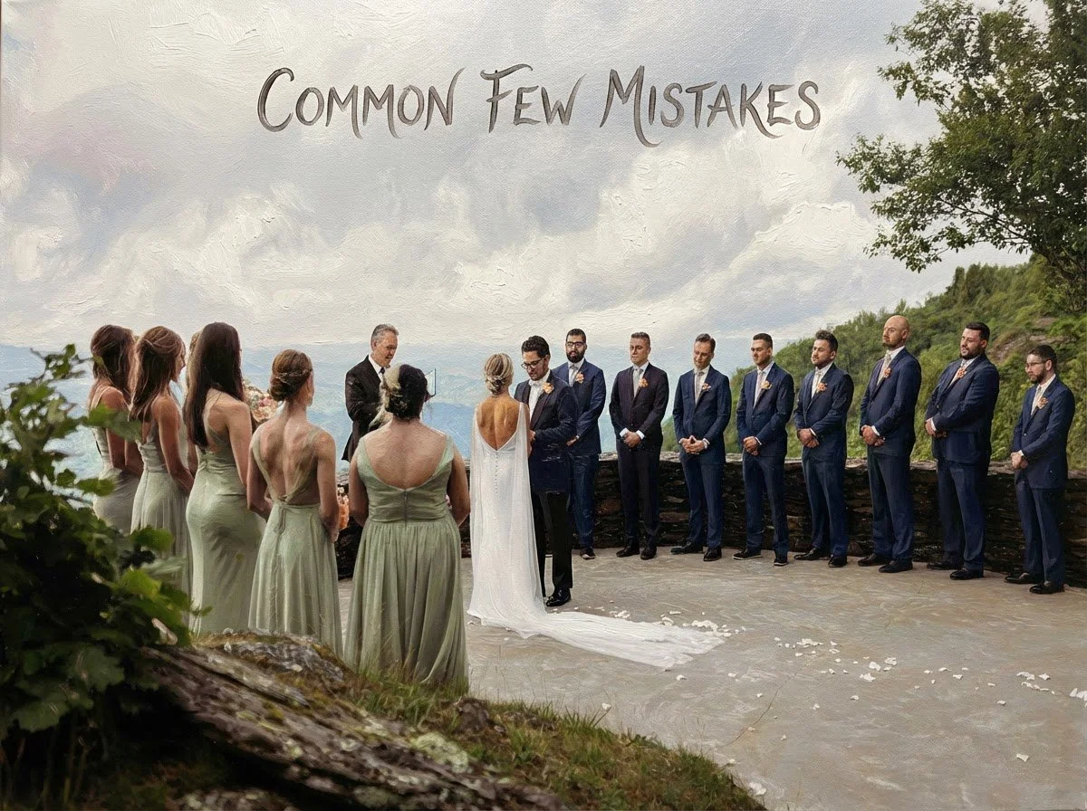 Outdoor wedding ceremony scene with the text “Common Few Mistakes” overlaid on the image.