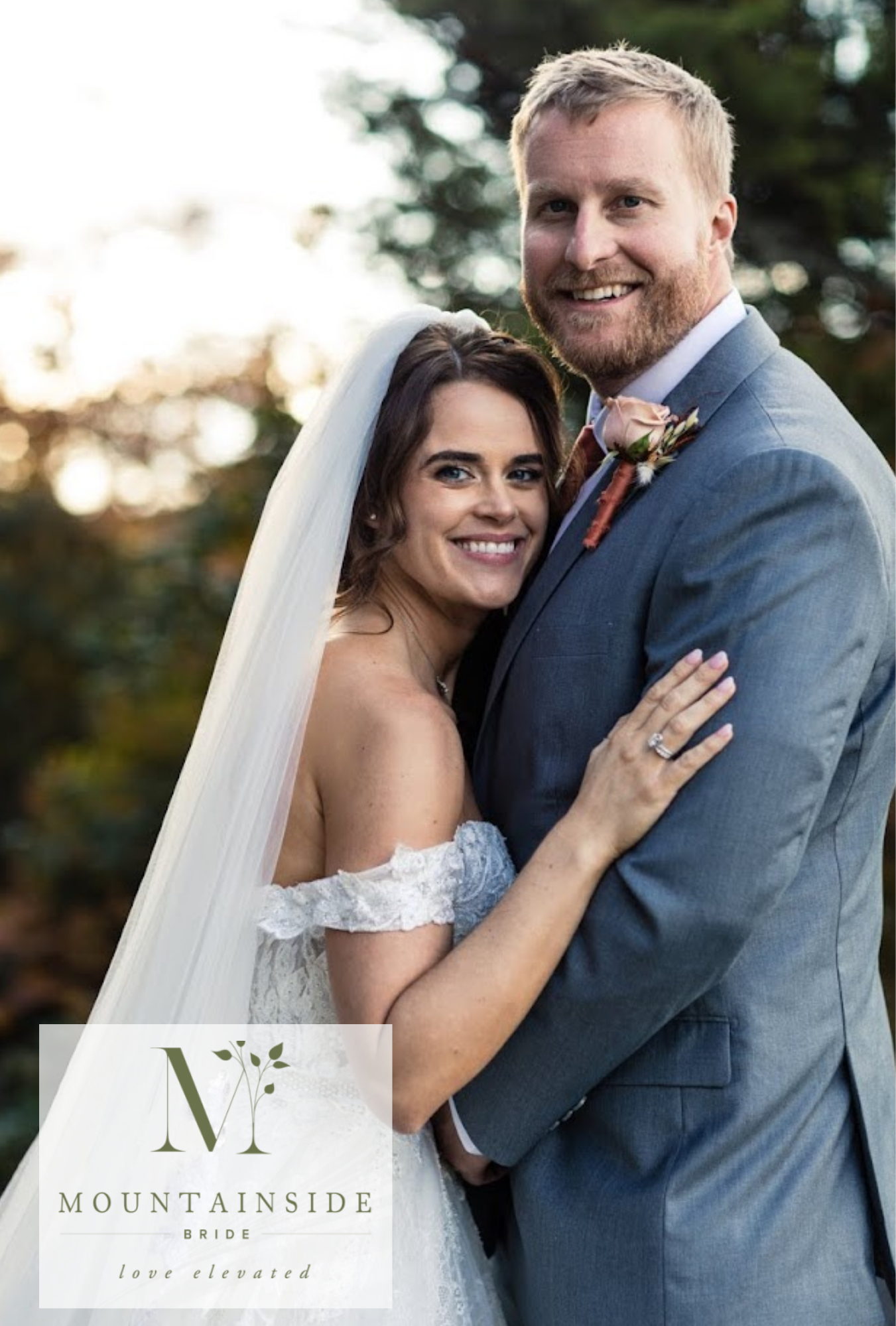 Emily and Caleb wedding video cover featuring the bride and groom embracing outdoors with soft sunset light behind them.