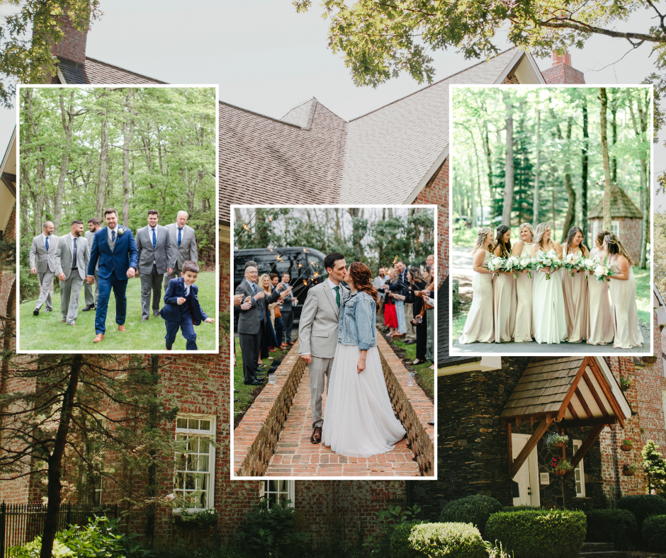 Collage of three wedding portraits over a brick venue exterior, including groomsmen walking, the couple kissing, and bridesmaids posing.