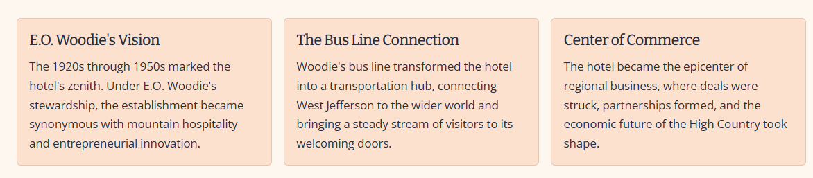 Website section showing three cards titled E.O. Woodie’s Vision, The Bus Line Connection, and Center of Commerce.