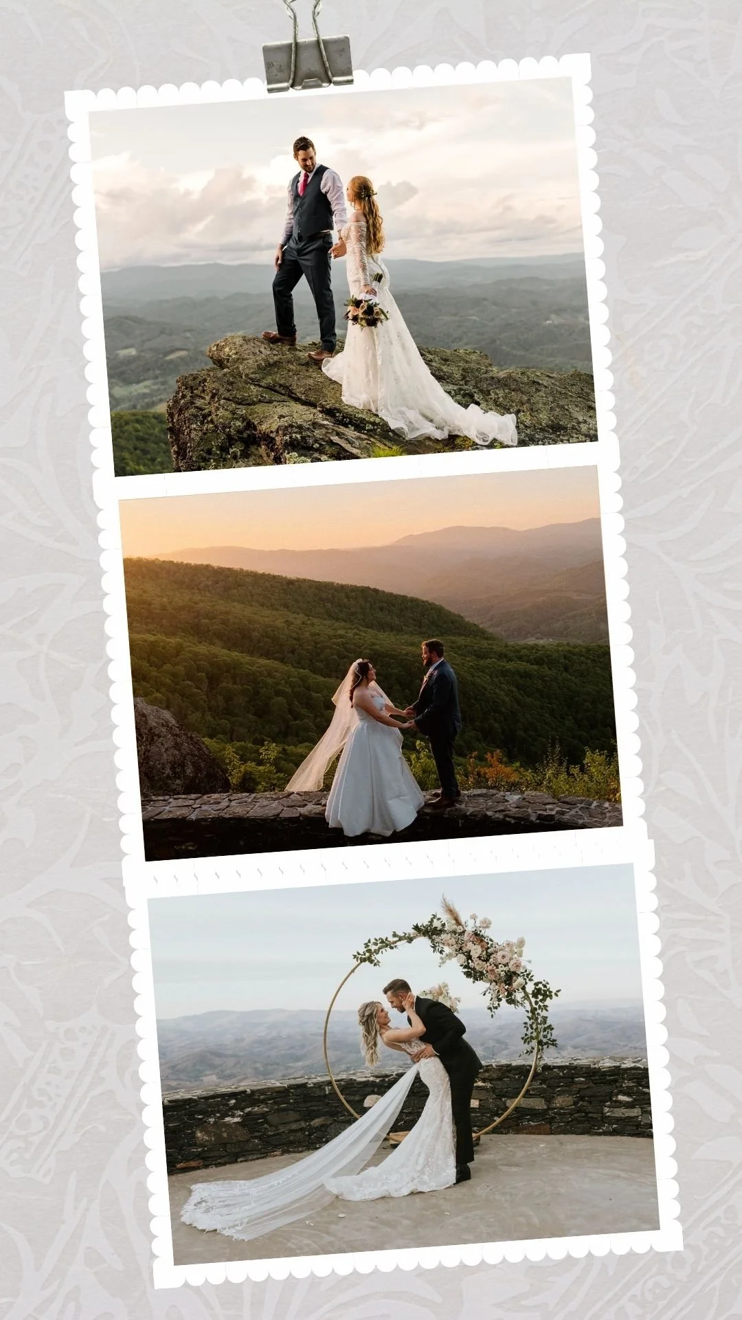 Three-photo collage of a couple in wedding attire on a mountaintop, including a scenic portrait and a kiss by a circular floral arch.