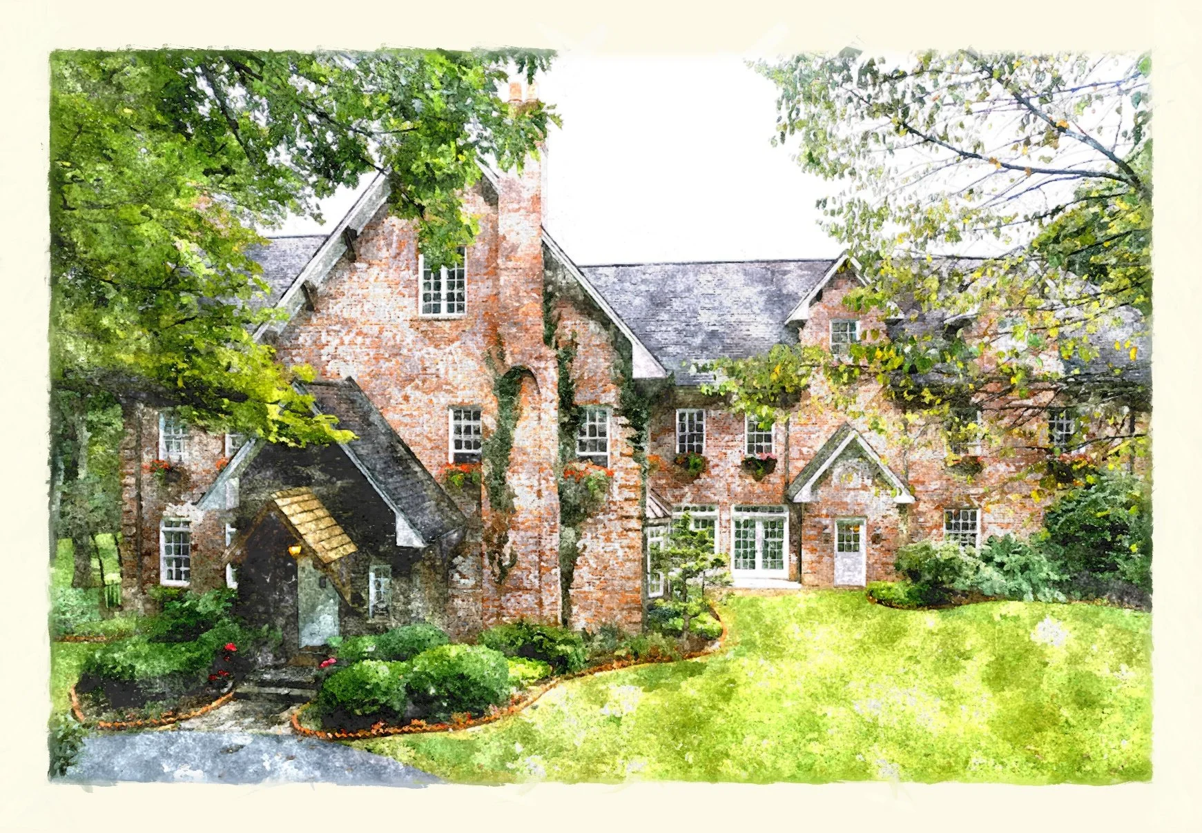 Watercolor-style view of Twickenham House and Hall brick manor with gabled roof, ivy accents, and manicured front lawn