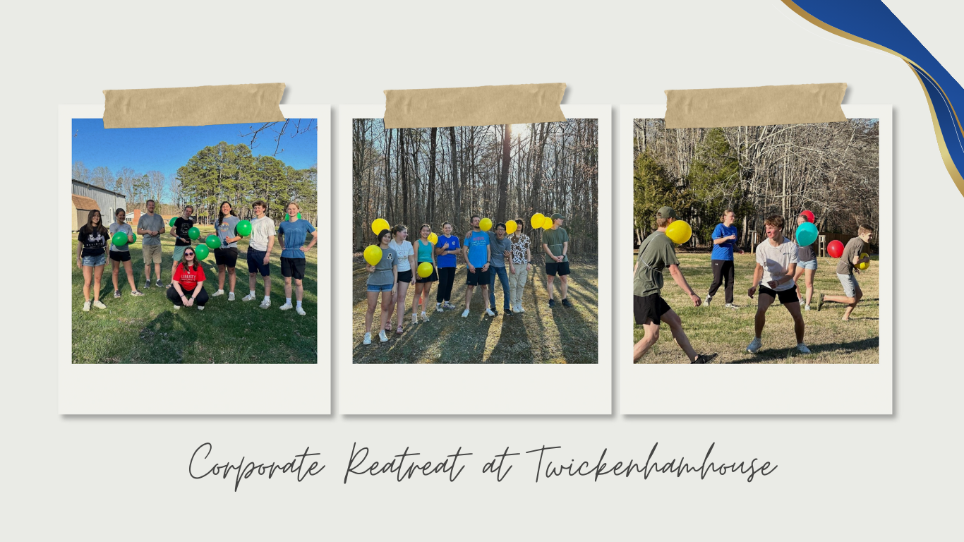 Collage of corporate retreat team activities outdoors at Twickenham House