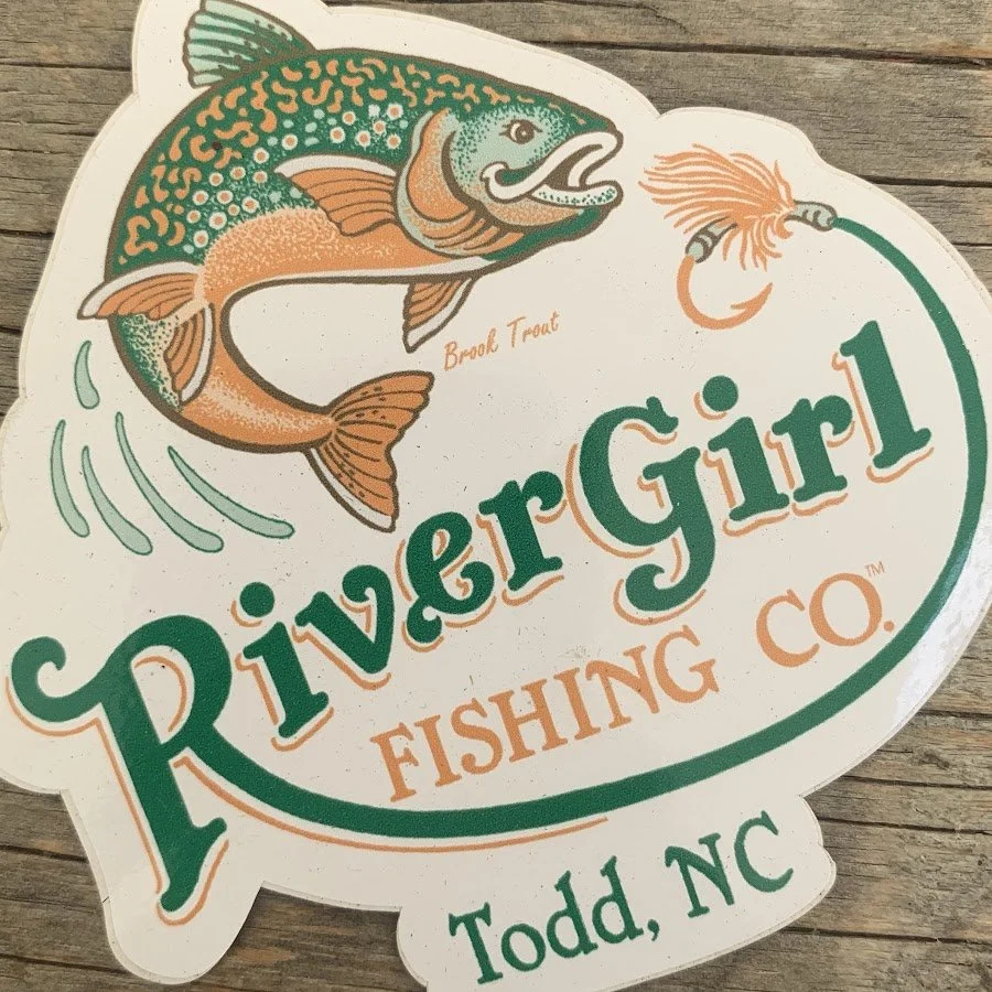 RiverGirl Fishing Co. logo sticker with an illustrated trout and text reading Todd, NC.