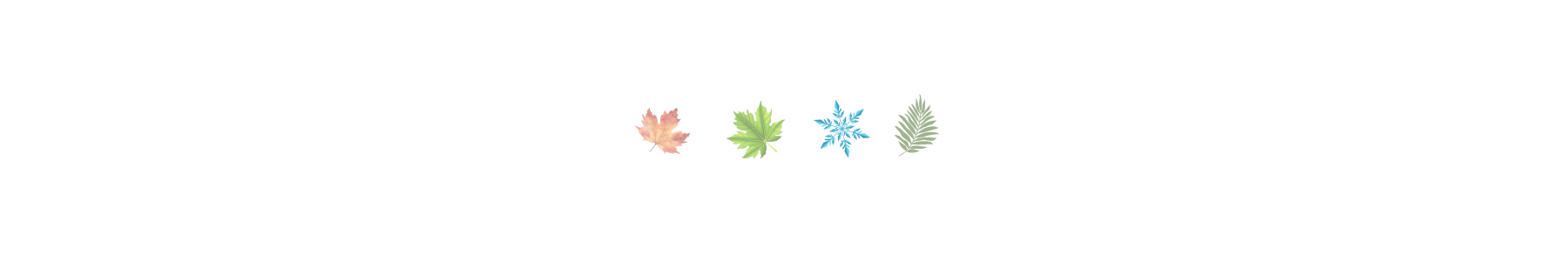 Small watercolor seasonal icons featuring an autumn leaf, green maple leaf, blue snowflake, and evergreen branch.