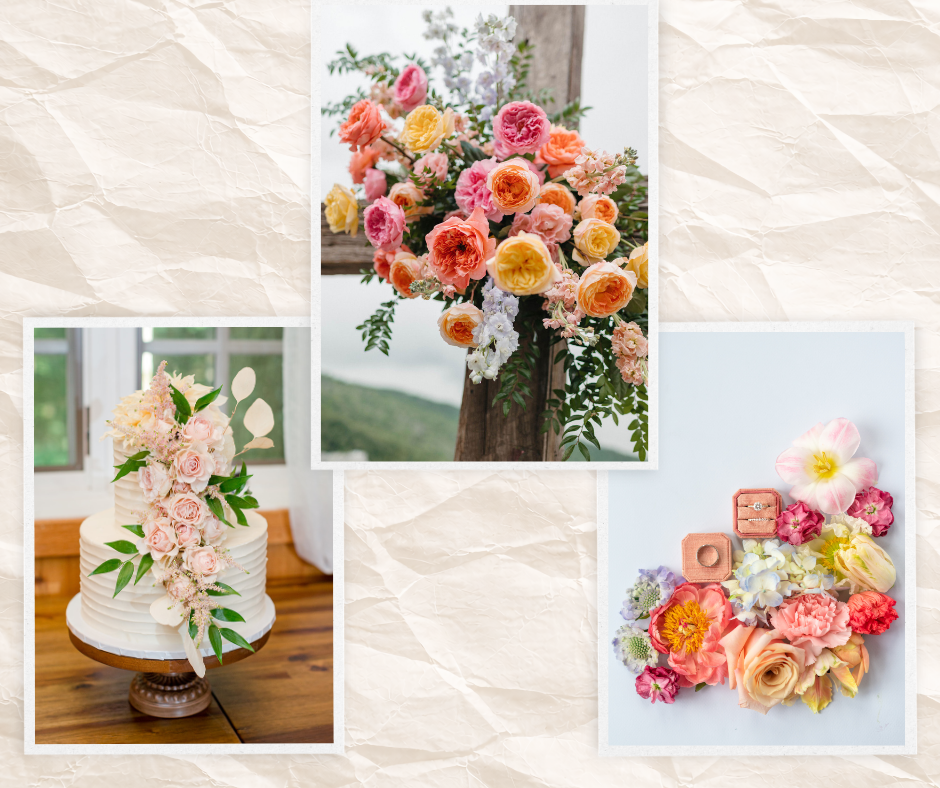 Wedding floral inspiration collage featuring a bouquet, wedding cake florals, and colorful details.