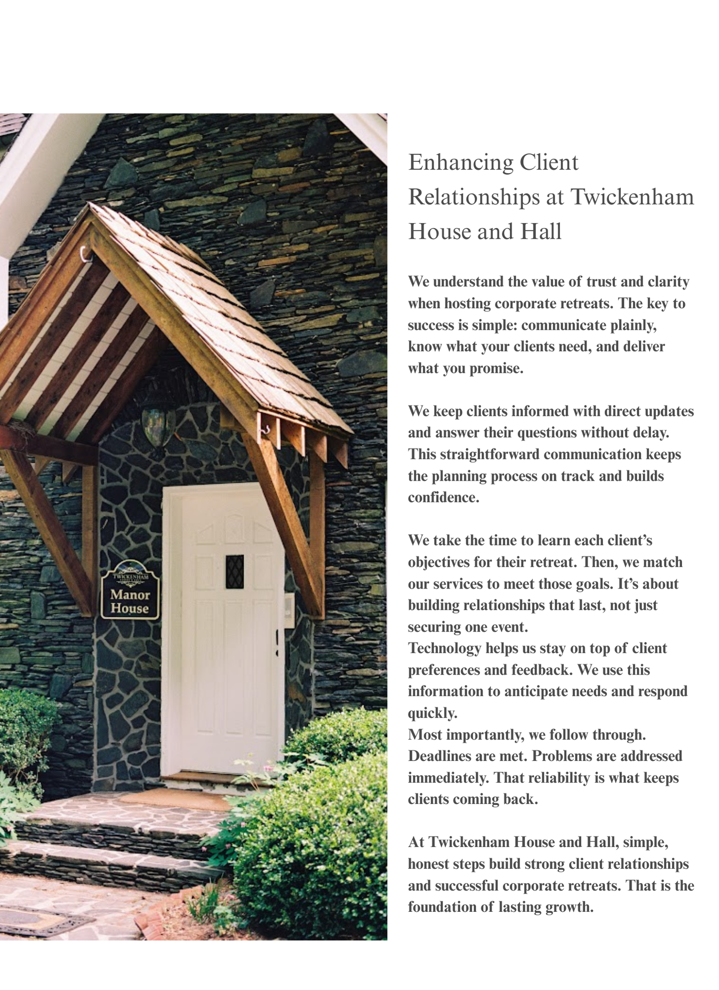 Manor House entrance at Twickenham House and Hall with timber awning, white door, and stacked stone wall