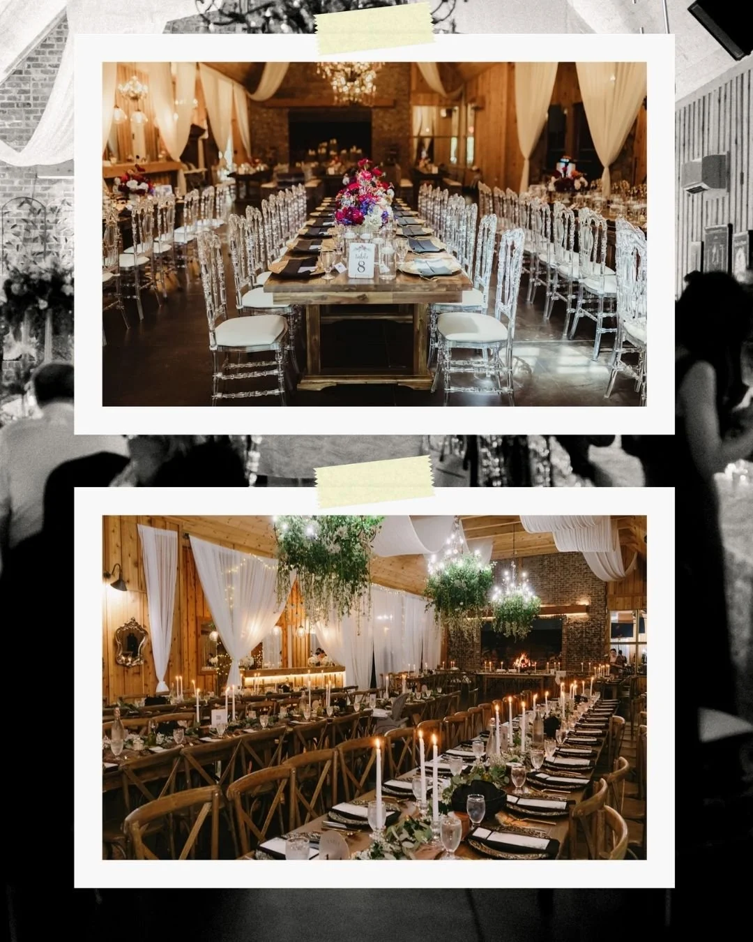 Two-photo collage of a wedding reception space with long tables, candles, chandeliers, and white fabric draping.