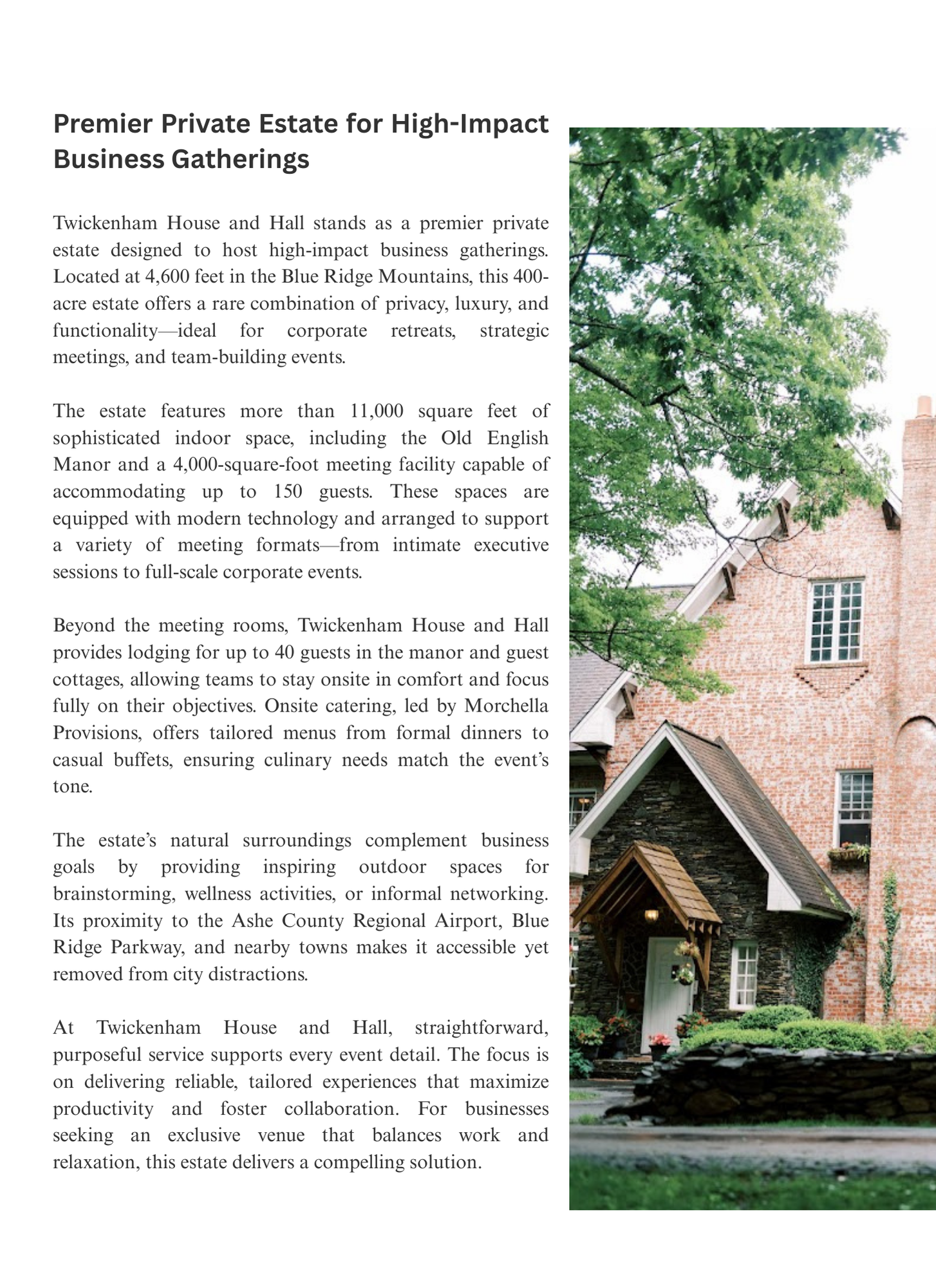 Twickenham House and Hall brick manor exterior with gabled roof and trees, Blue Ridge Mountains private estate venue