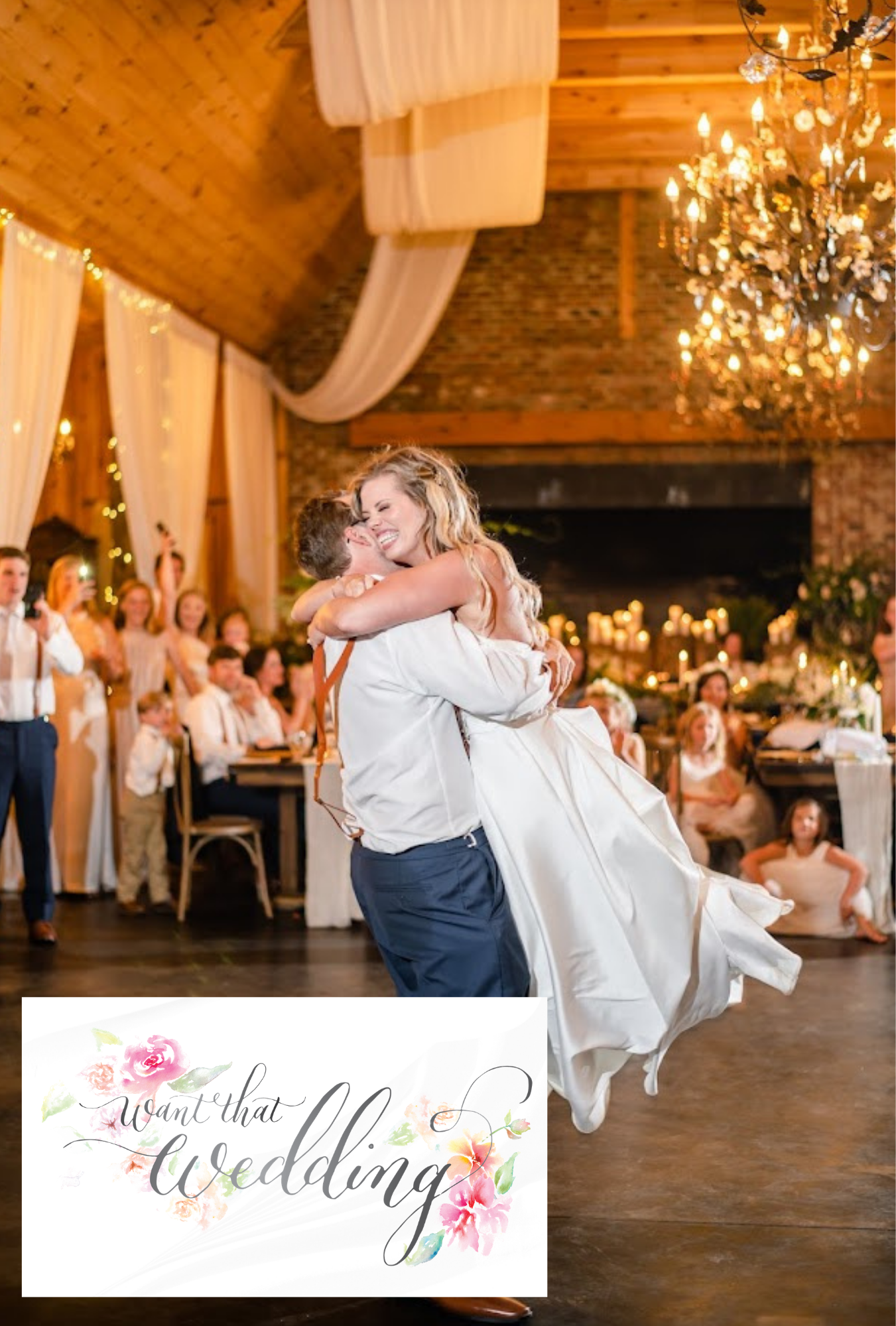 Ryan and Elizabeth wedding video cover showing the couple dancing inside a rustic reception venue with chandeliers.
